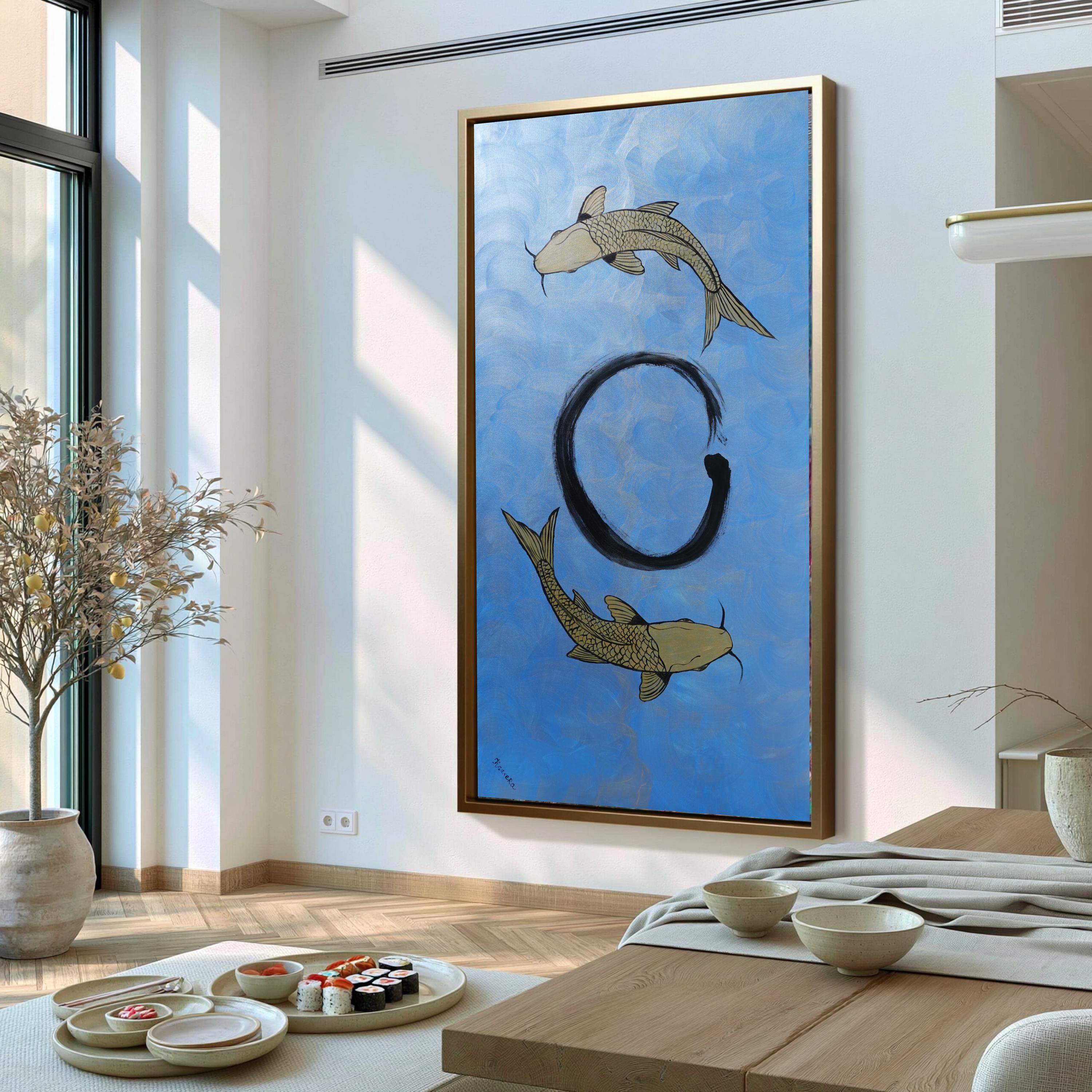 Enso and Koi blue painting in japandi interior