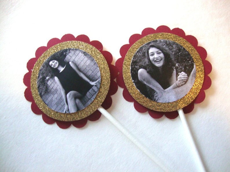 black and white pictures of girls on gold glitter and burgundy scallop circle as cupake toppers
