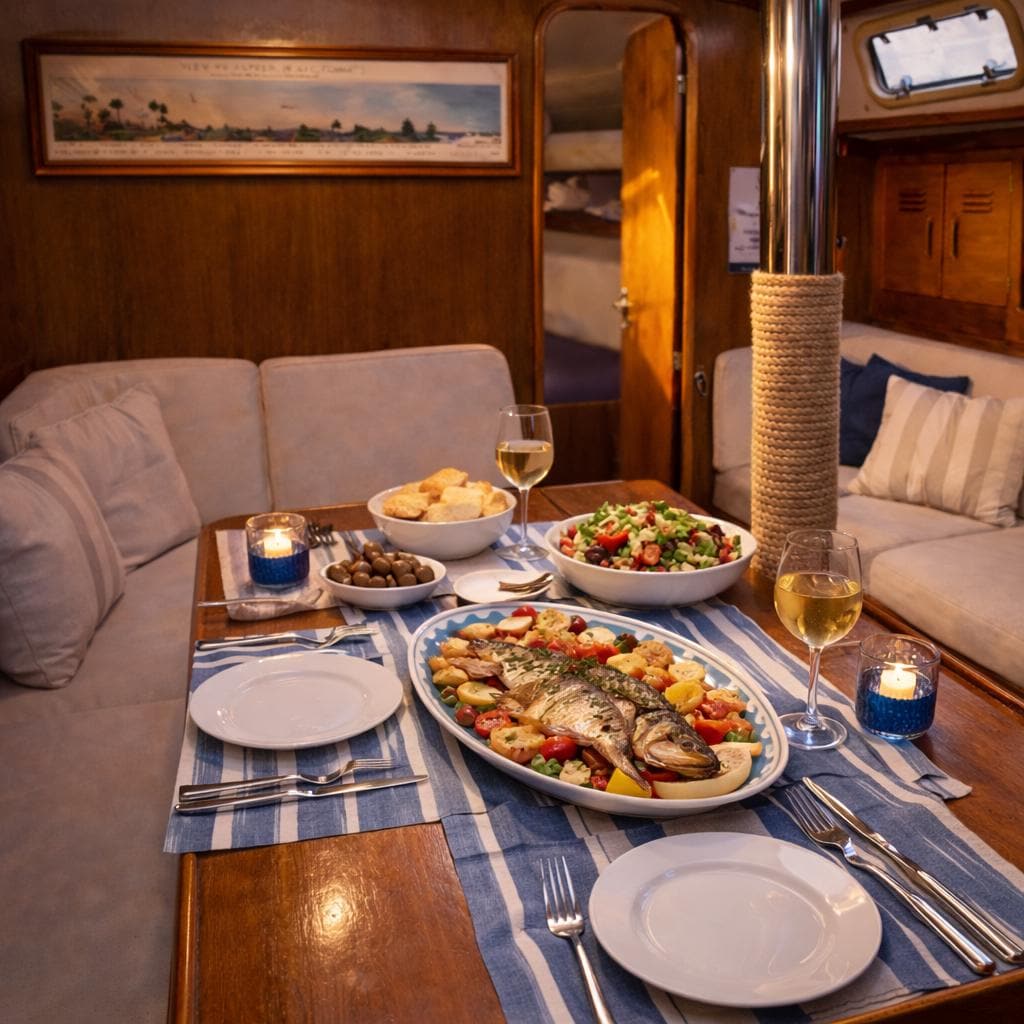 A table set for dinner inside a yacht charter with art work on the wall