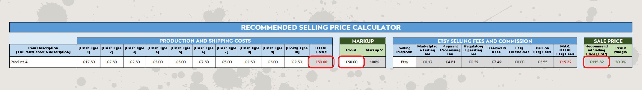 Etsy pricing calculator screen shot