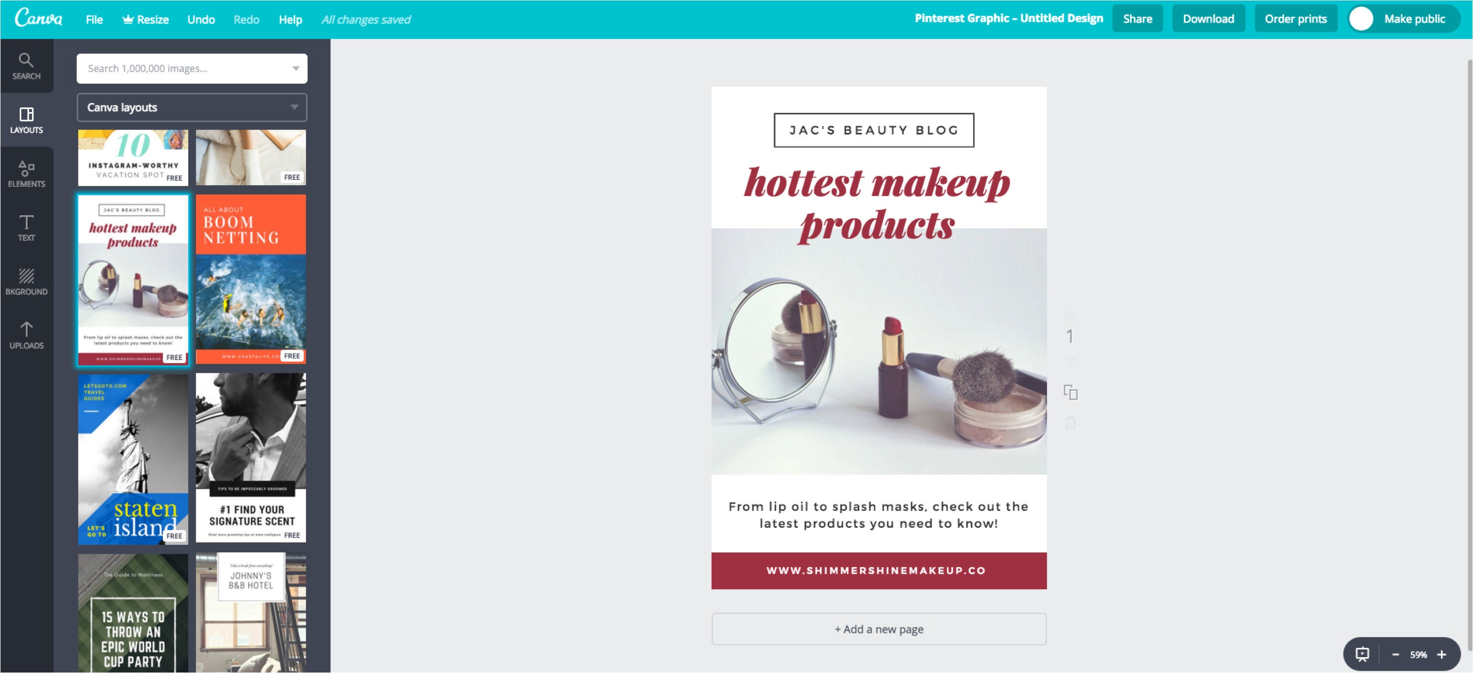 Canva layouts for Pinterest image on Canva menu