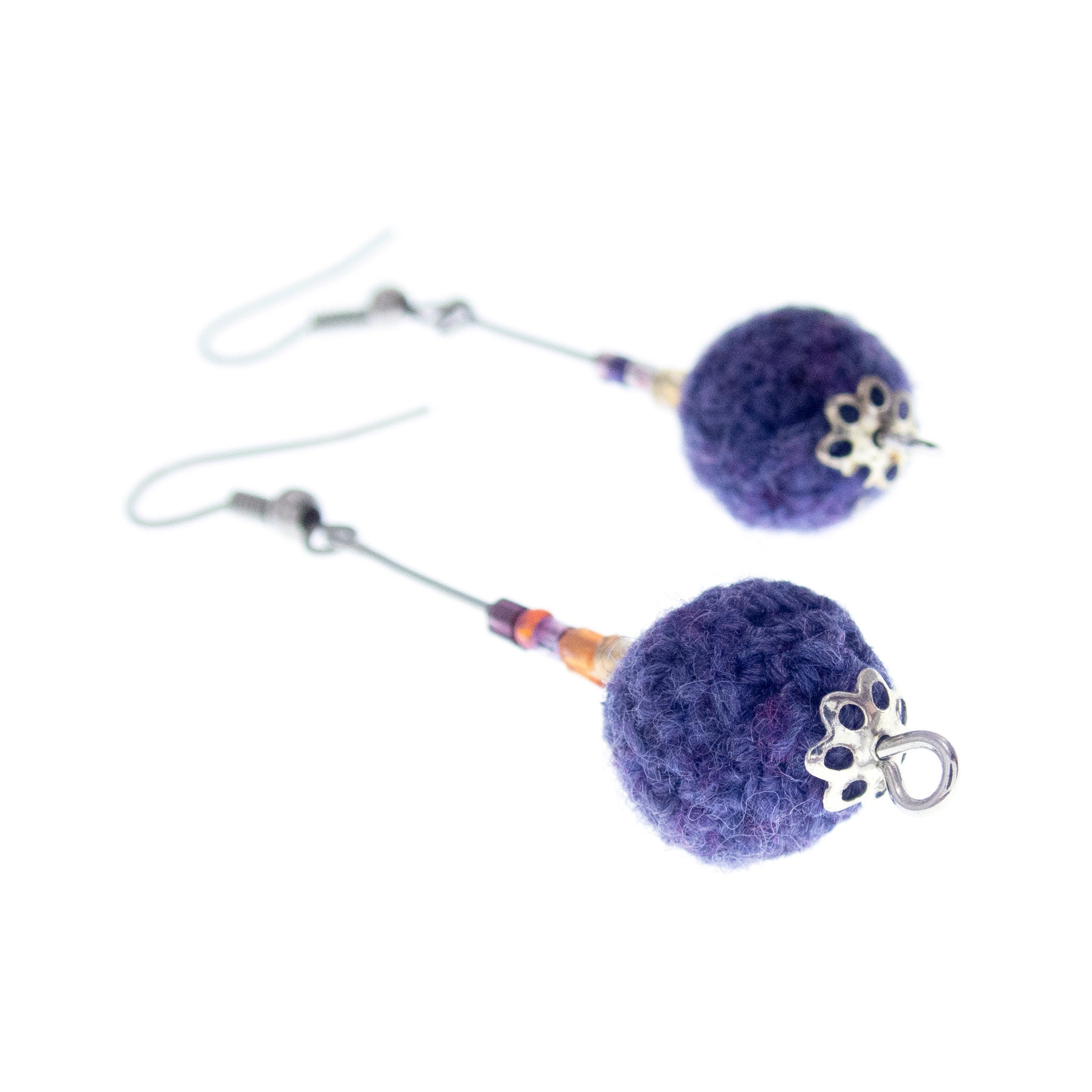 handmade statement earrings dangle with knitted purple balls