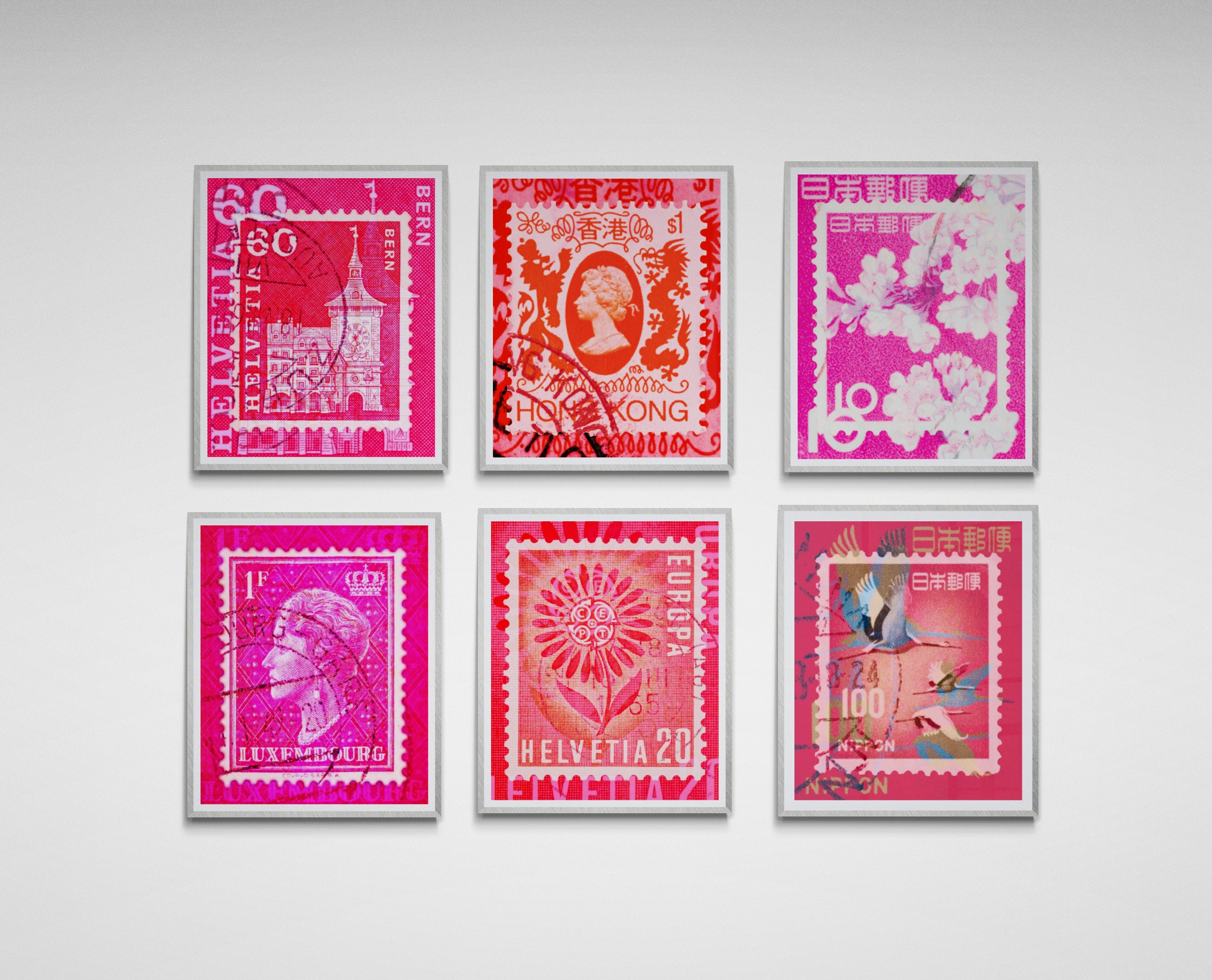 Stamp collection artwork by deborah pendell for the vignette solo exhibition at the cambridge art cube in november 2022