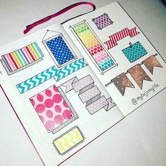 bullet journal layouts with various banner ideas made of washi tape