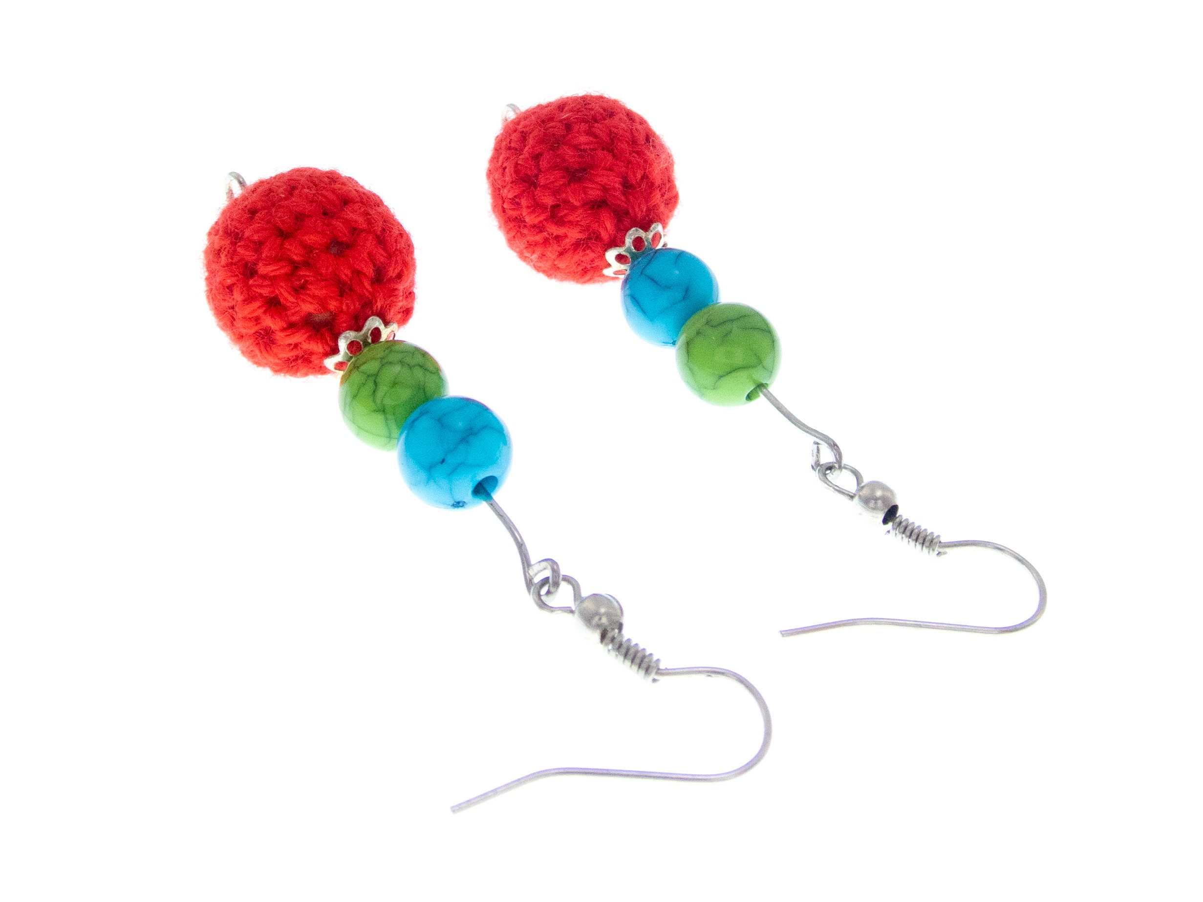 fashion statement earrings handmade of red, green, blue dangling balls