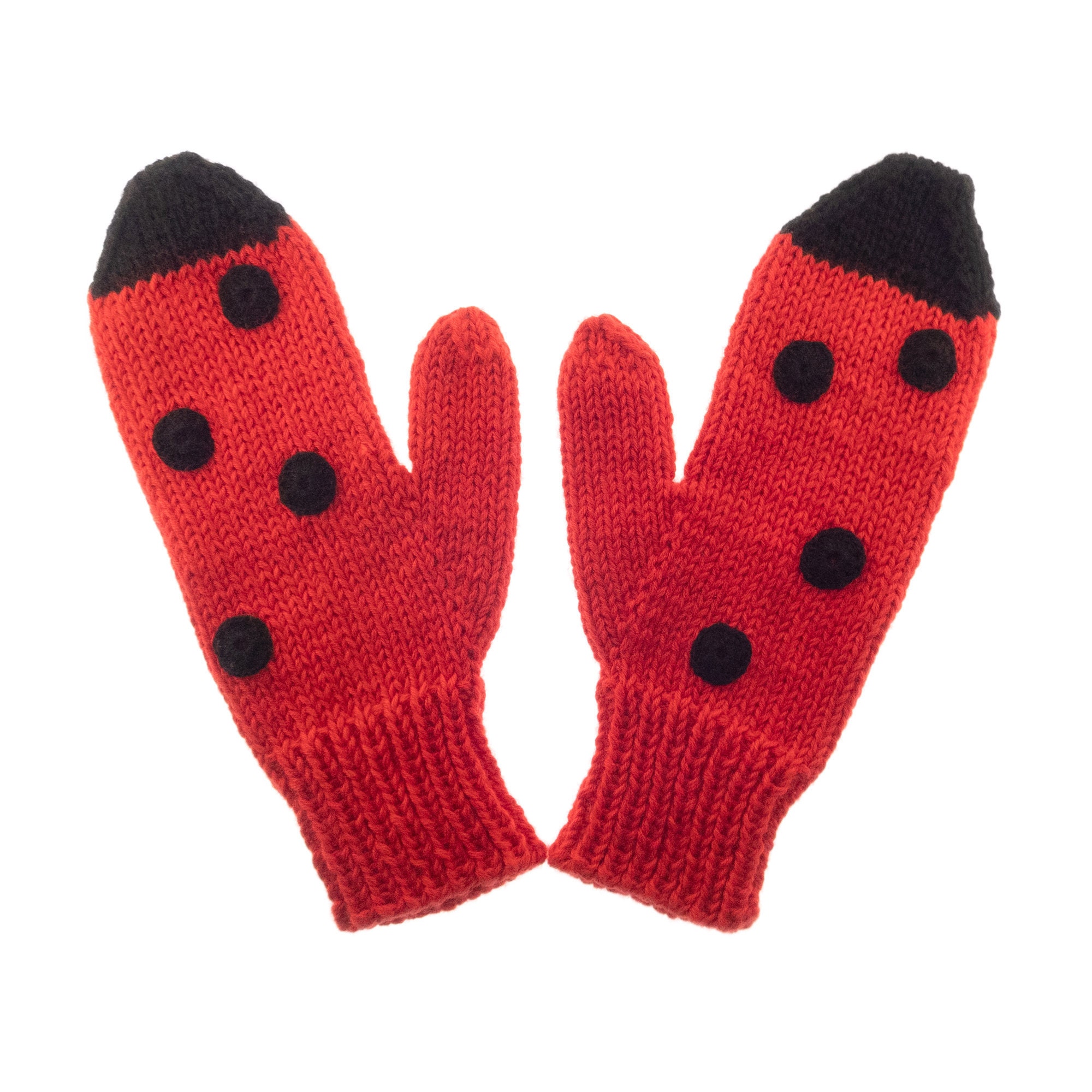 adults mittens, warm knitted winter mitts with ladybug theme