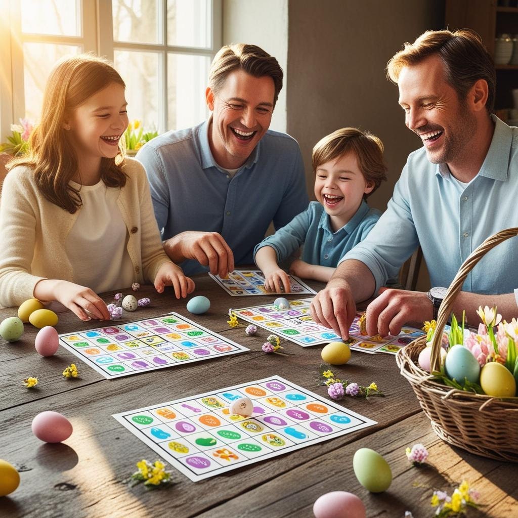 Family playing Easter bingo around the dinner table, smiling and laughing.