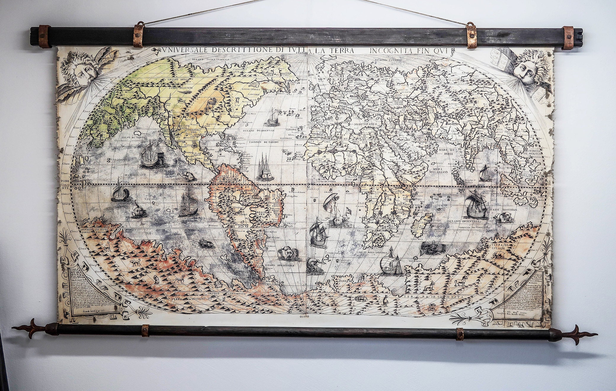 massive wooden frame, old canvas map, medieval decor