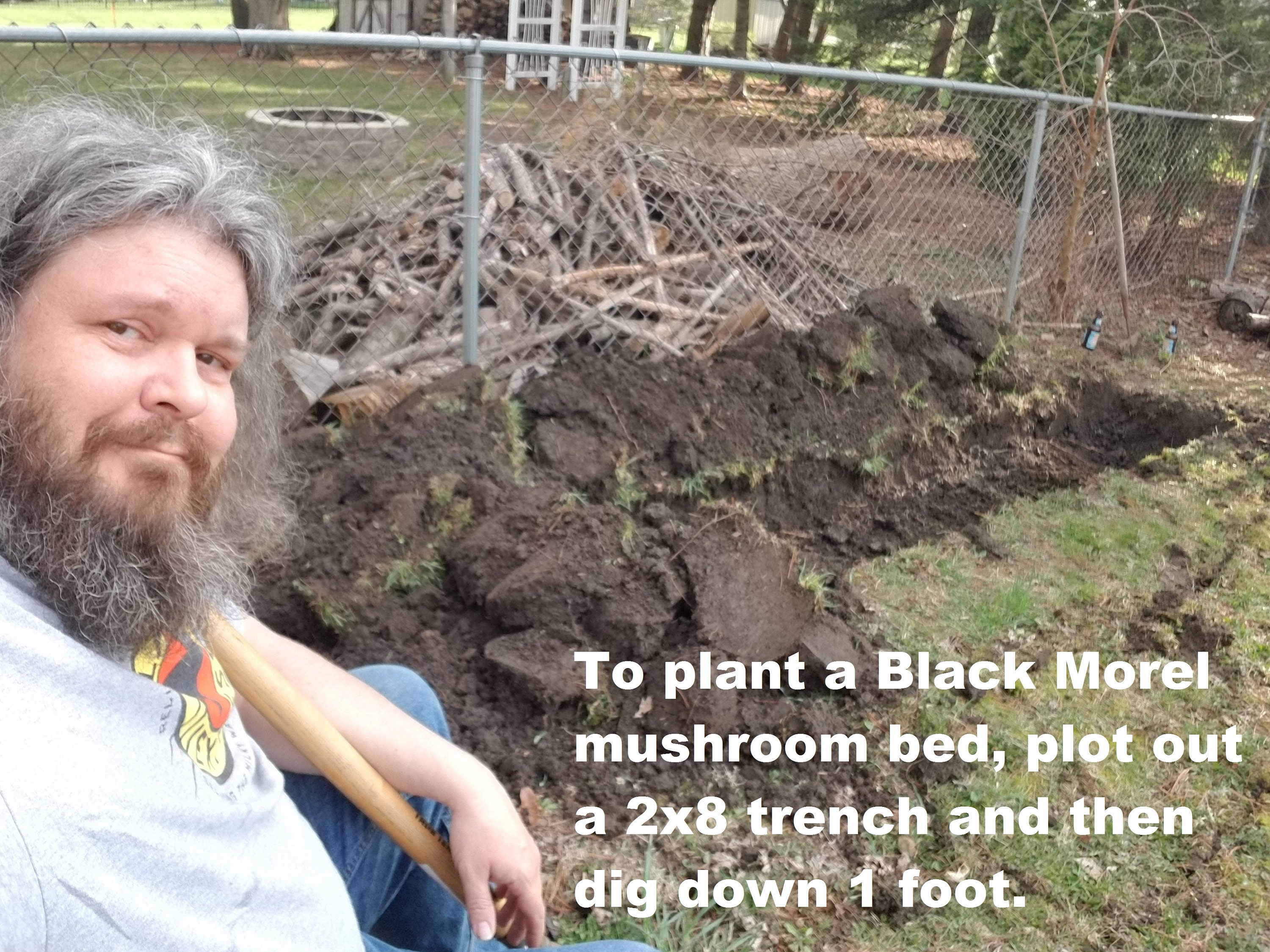 Planting morel spawn, step 1: The author takes a breather.