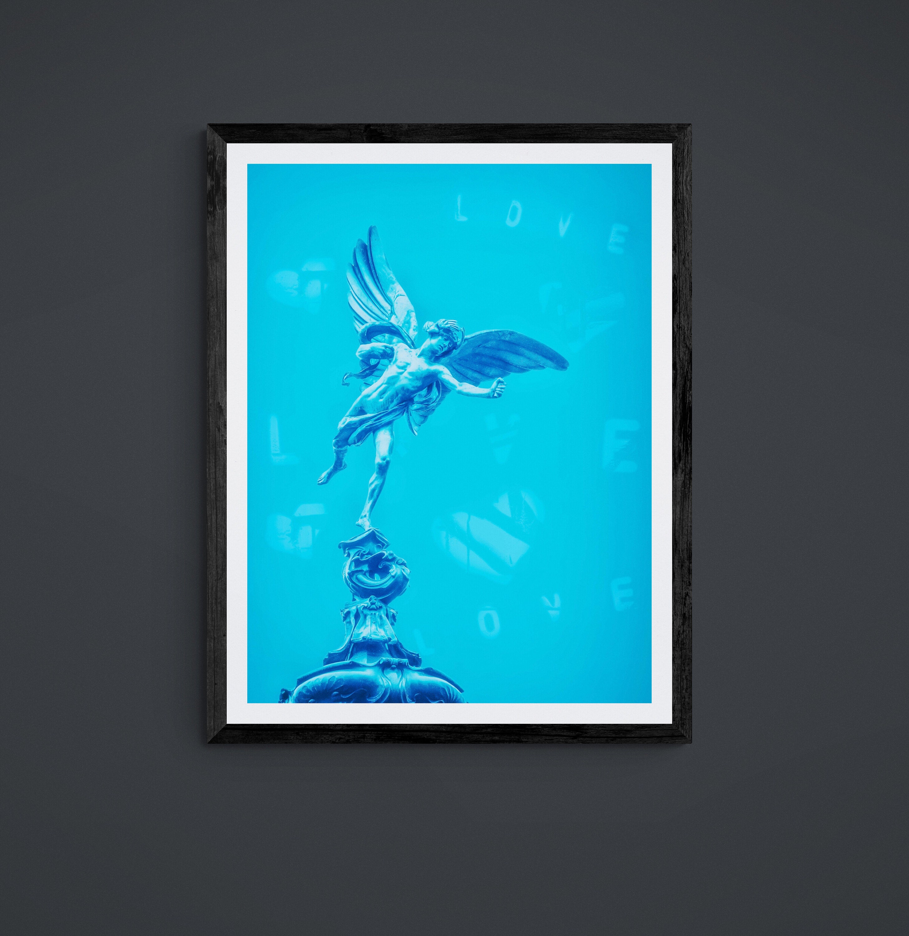 London Eros Statue at Piccadilly fine art print in blue with words LOVE in background