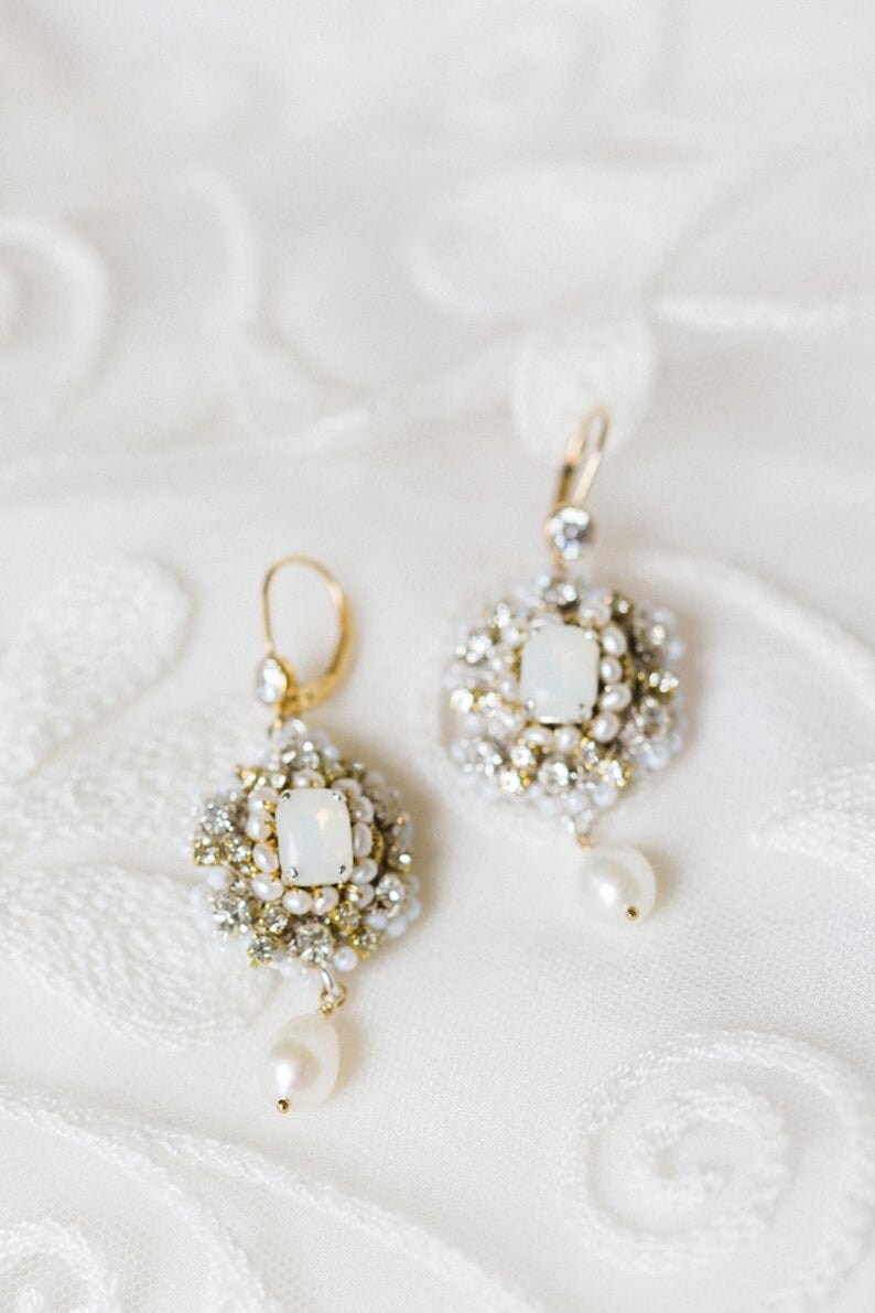 White Opal Metallic Lace Bridal Earrings