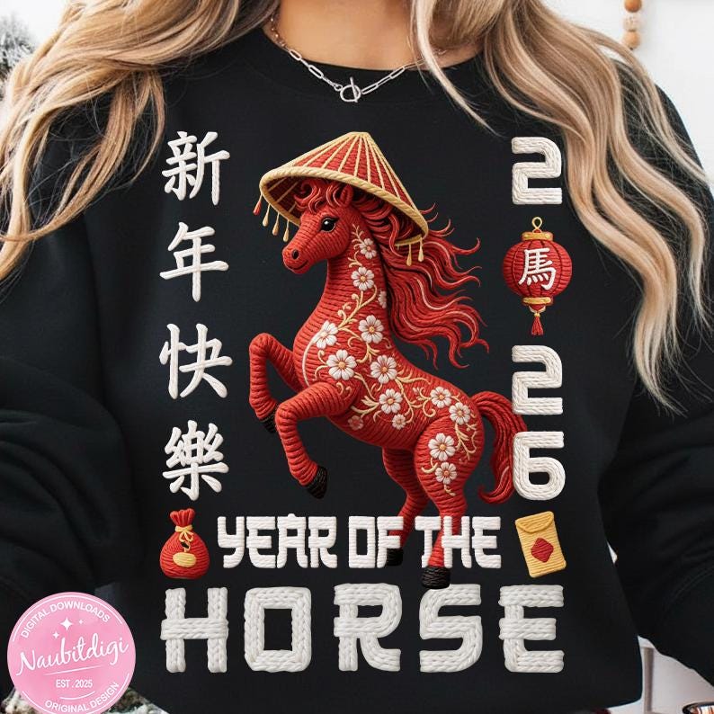 Chinese New Year 2026 Year of The Horse Faux Embroidery PNG, Lunar New Year Horse Design, Zodiac 2026 Shirt Sublimation Digital Download