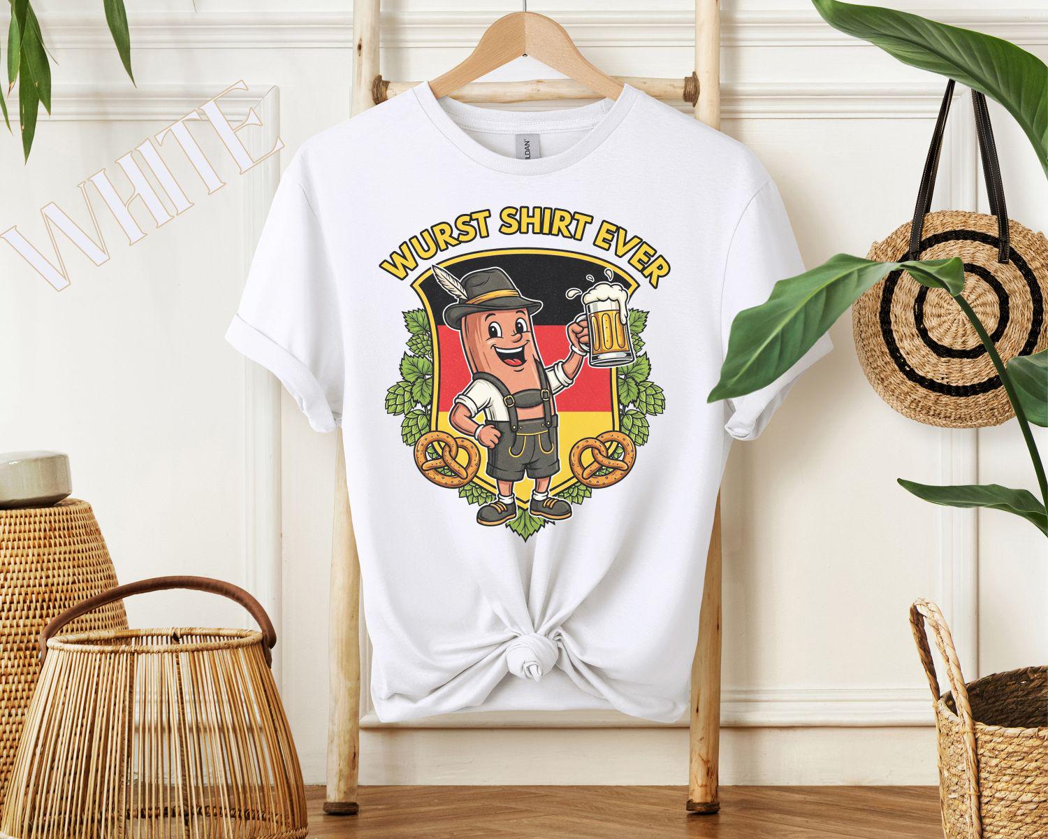 Wurst Shirt Ever graphic—lederhosen sausage holding beer, pretzels and hops on German shield—funny Oktoberfest design.