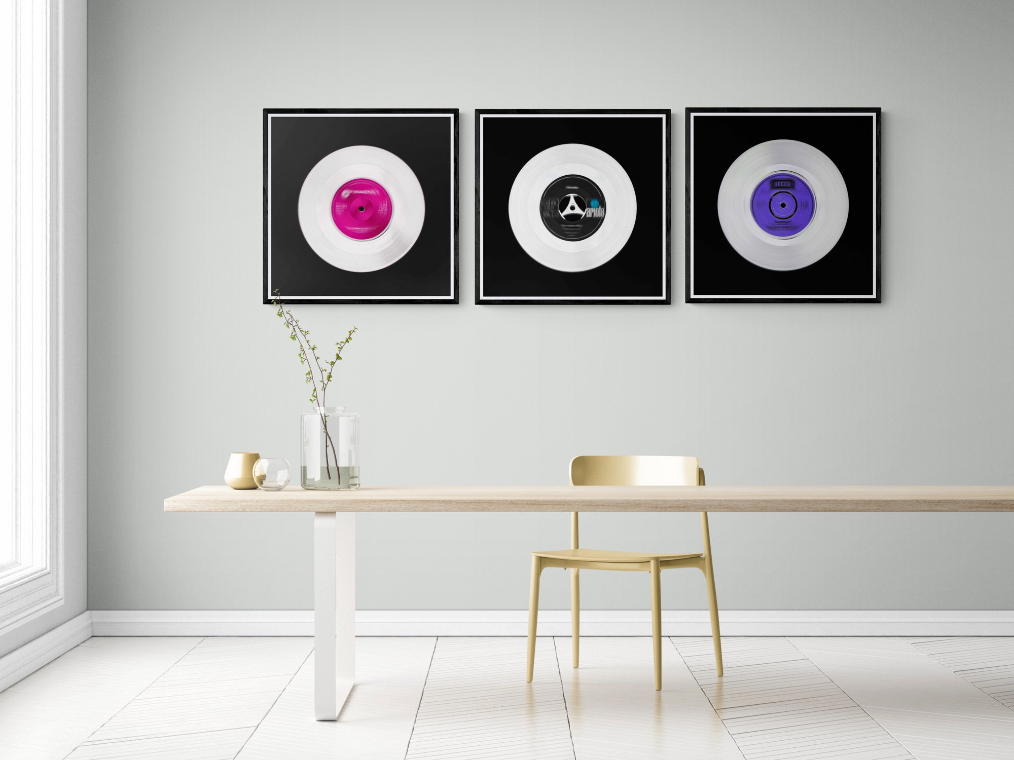 vinyl record art prints limited editions triptych in pink black and purple