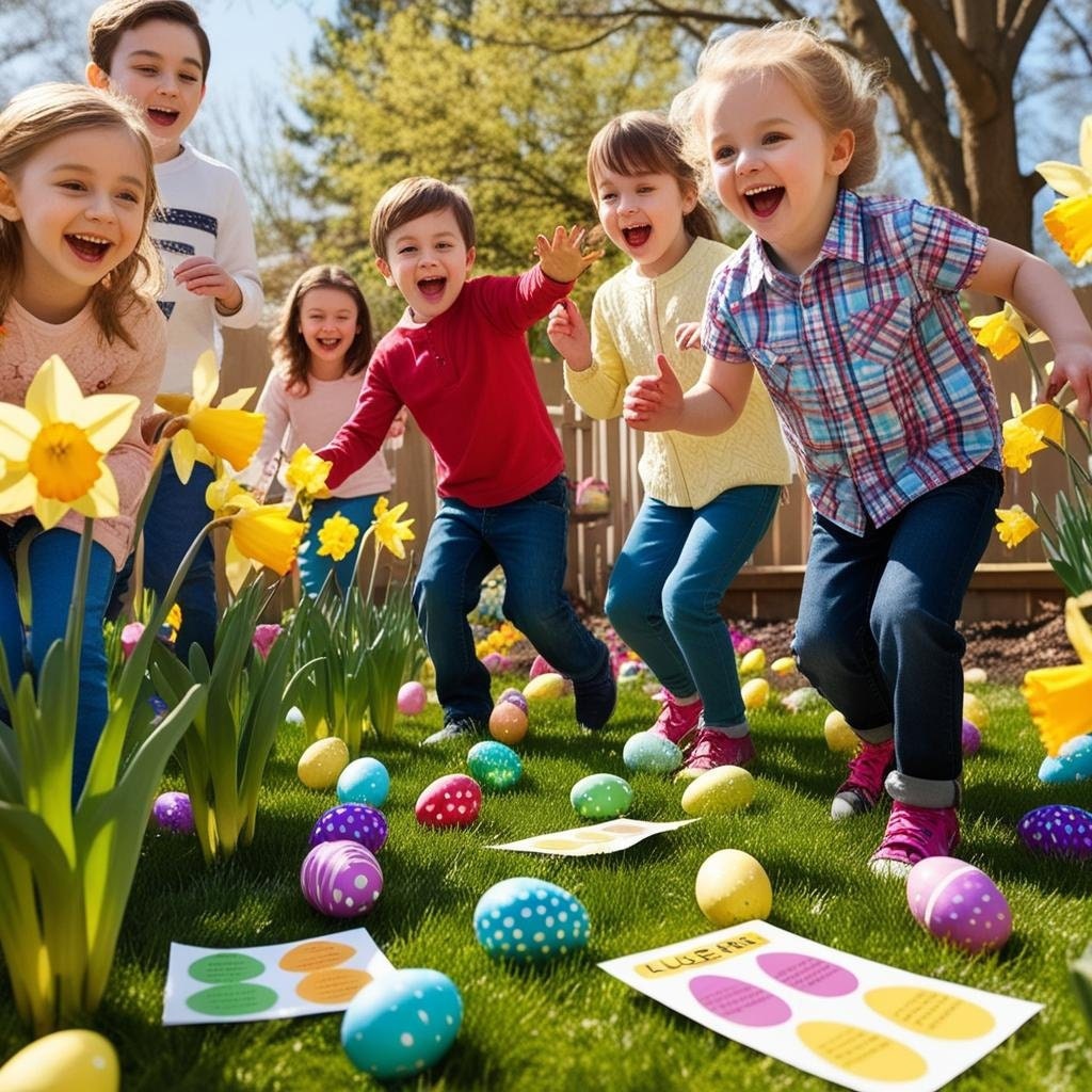 children at an easter egg hunt finding printable easter egg scavanger hunt clues inside the eggs