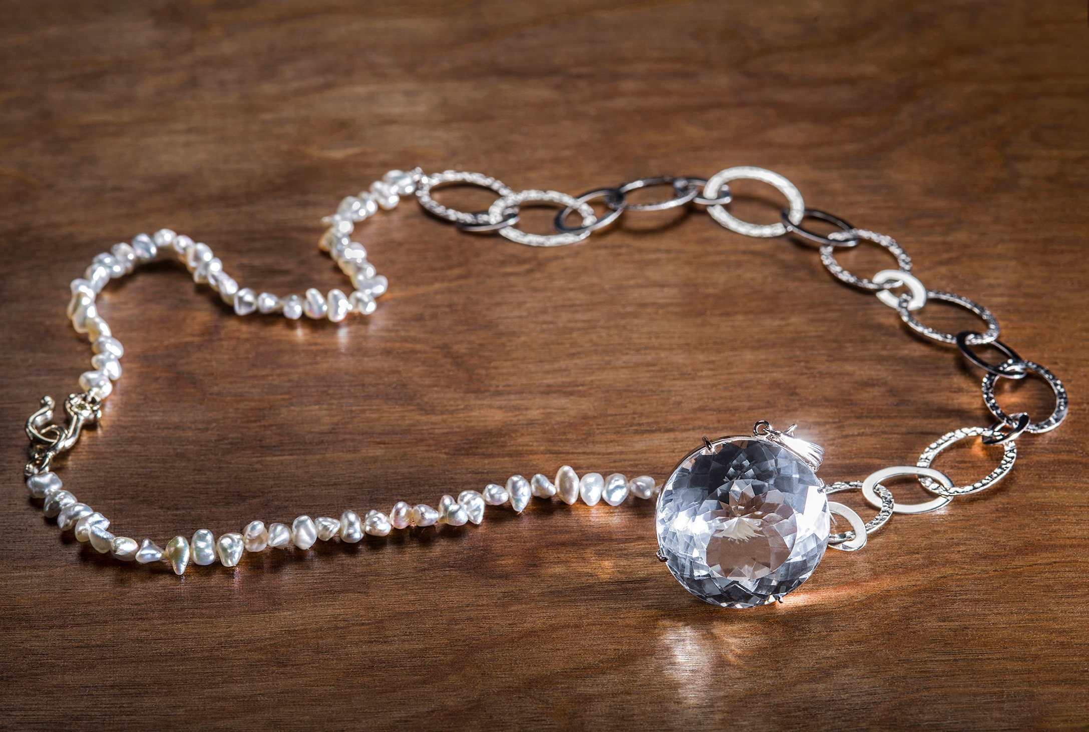 Keshi Pearl and 14k White Gold Necklace, Necklace with silver natural Topaz enhancer, Pearl and topaz necklace