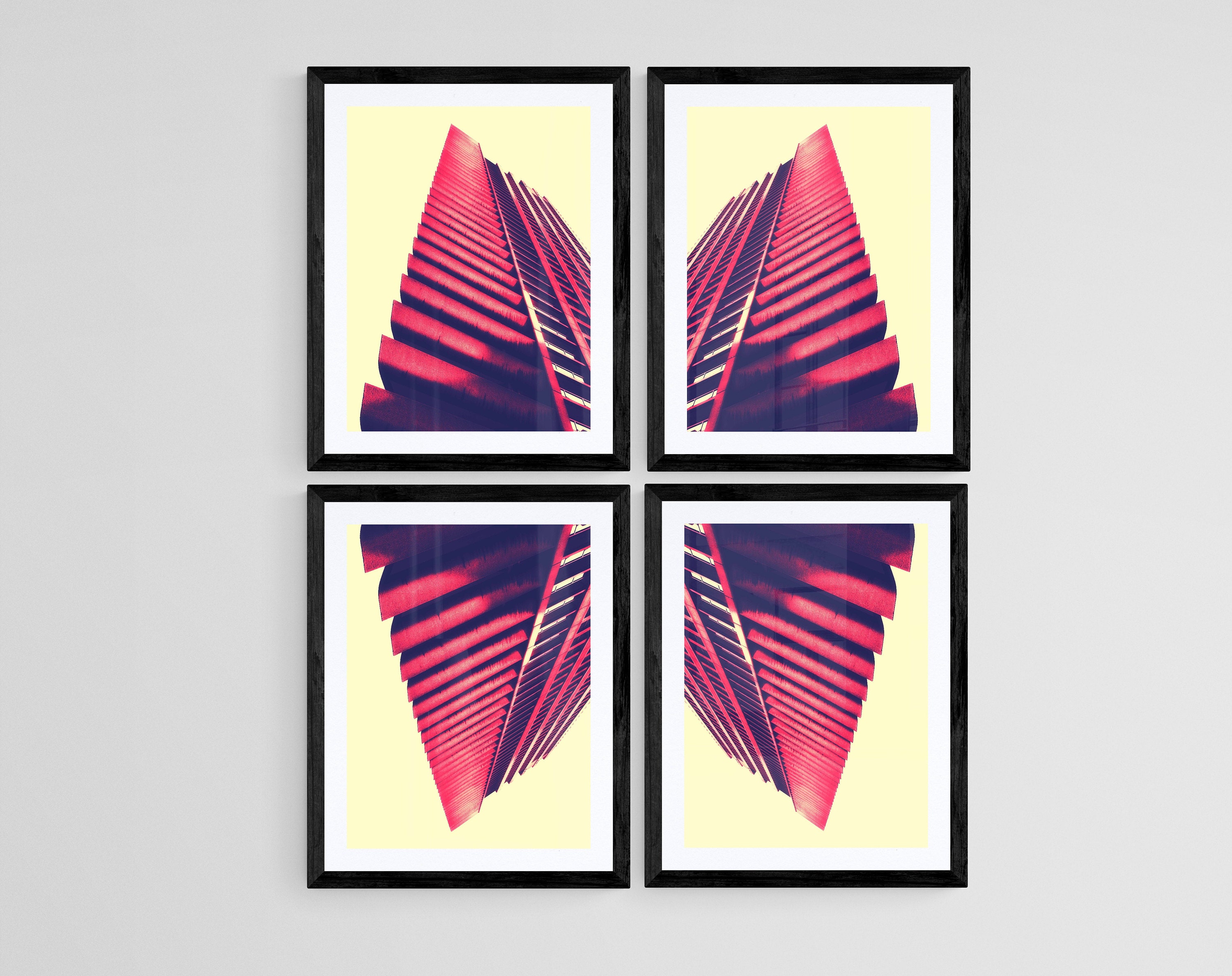 red and yellow retro abstract contemporary wall art of the barbican in the city of london- photography and mixed media- the artwork comes in a range of sizes and unframed or ready to hang canvas, art panel and more