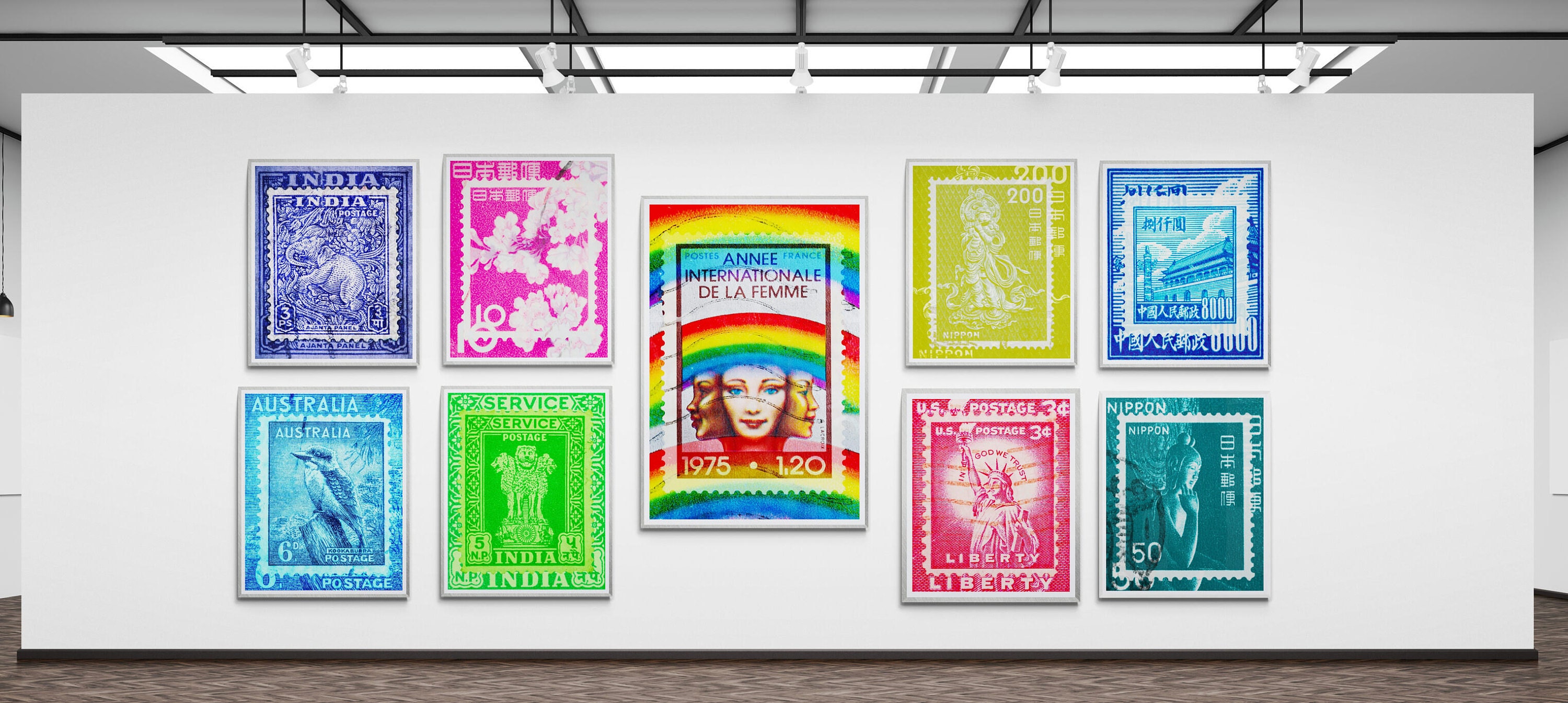 Deborah Pendell Stamp Collection artworks created from vintage postage stamps at Cambridge Art Cube in Vignette exhibition