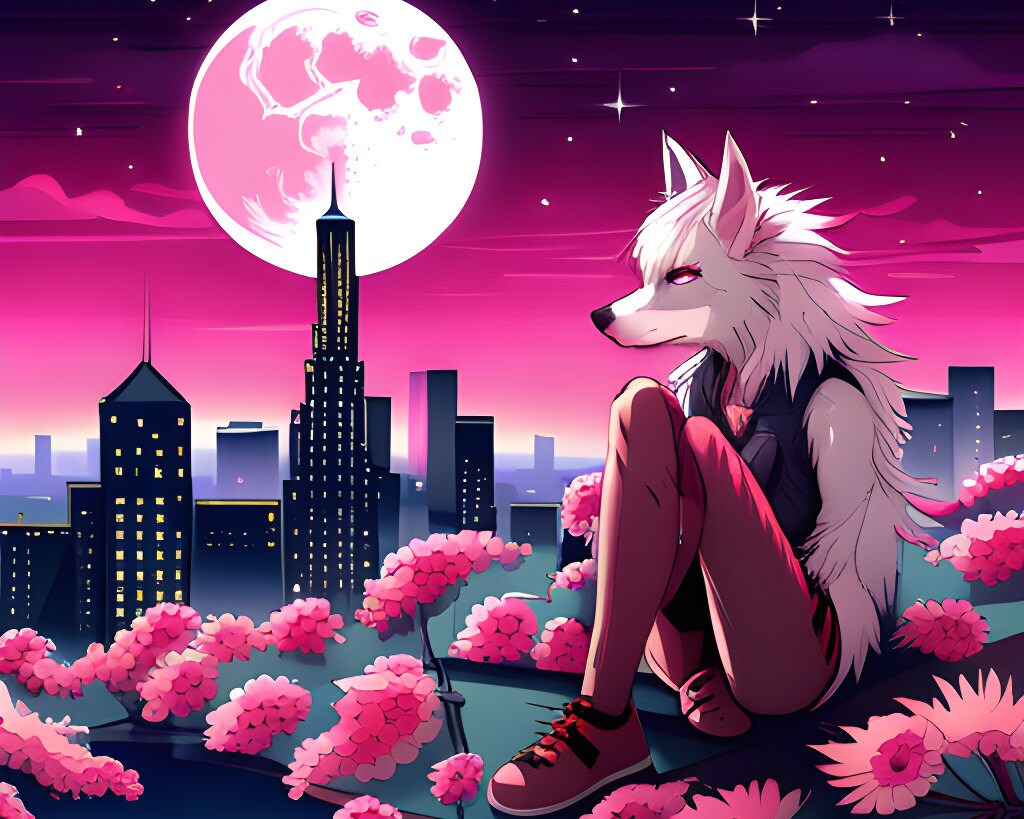 Lupine like Creature with pink fur in a downtown urban setting at night.