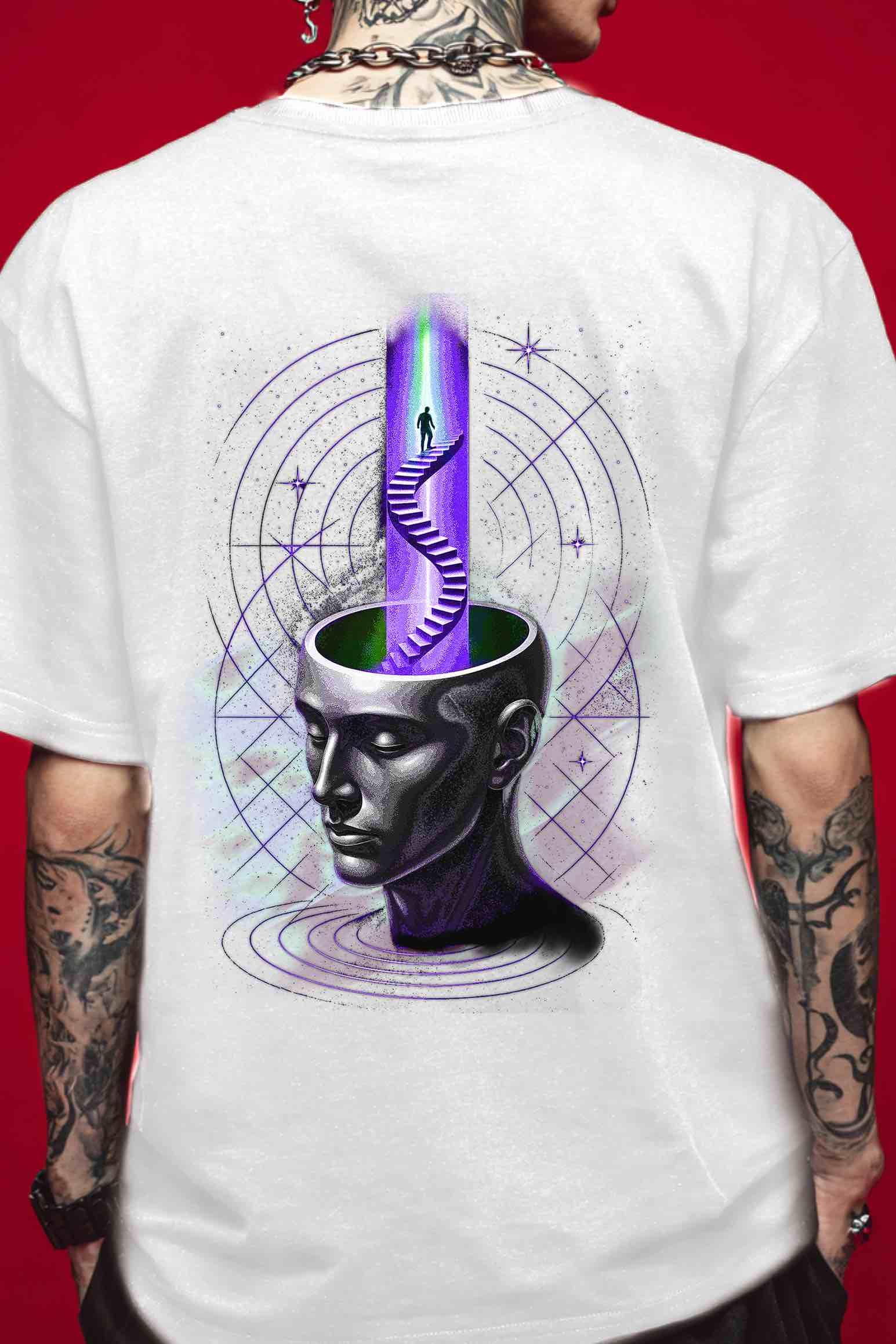 White T-Shirt Mockup: White unisex t-shirt showing the same “Mind Portal” back print; high-contrast chrome head, purple column, spiral steps, starfield rings; clean minimalist look for alt/goth creatives and psychedelic streetwear lovers.