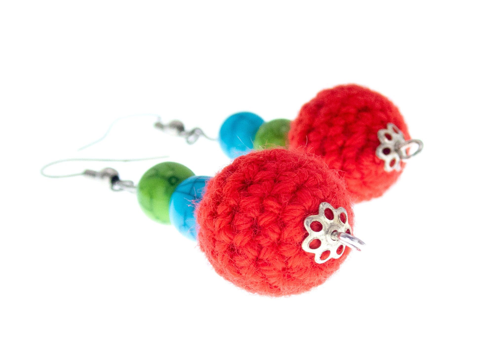 fashion statement earrings handmade of red, green, blue dangling balls