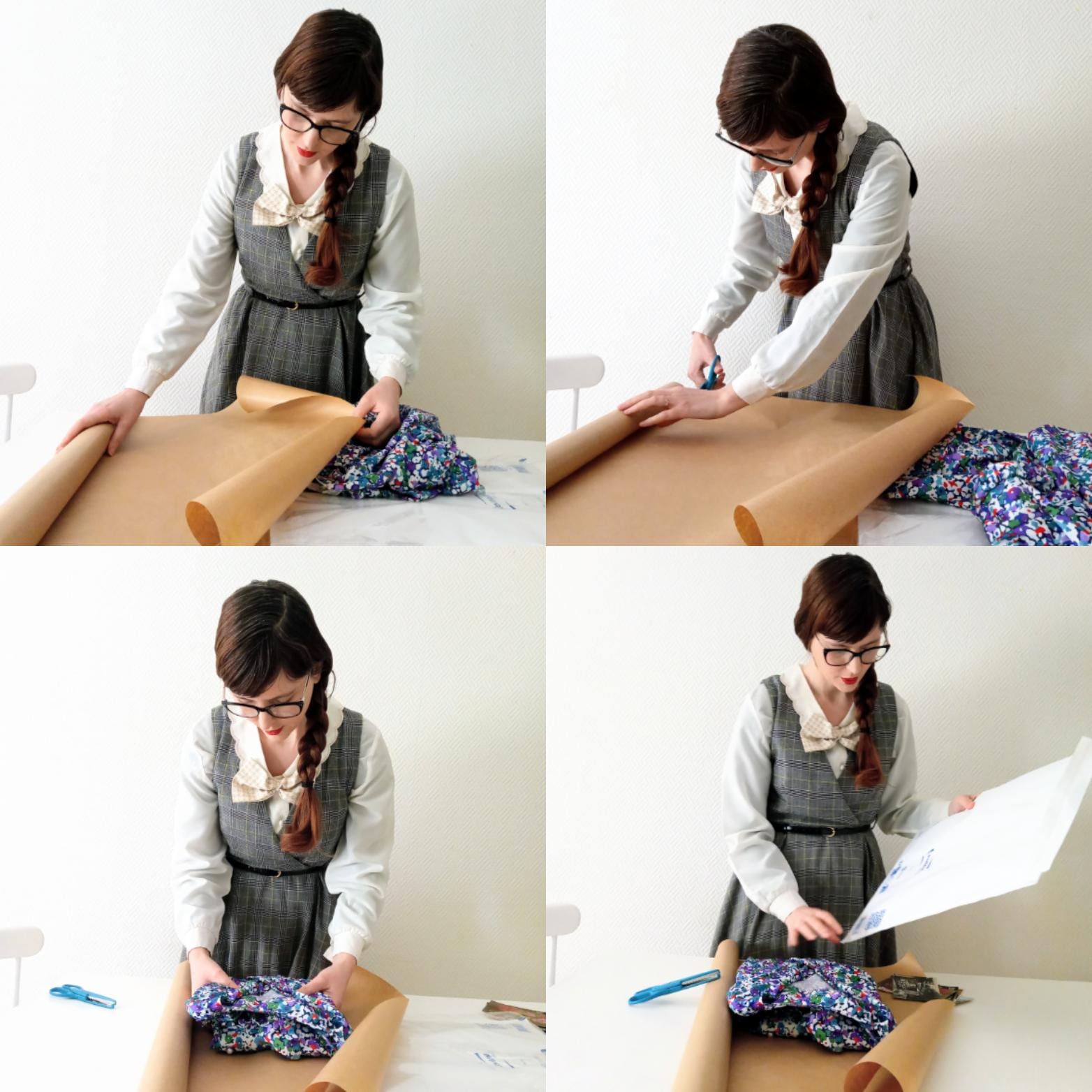 Carrousel de 4 photographies montrant Laura Siméand (boutique vintage Un Style Rétro à Chalon sur Saône) en train de préparer une commande. Elle porte une tresse,  une robe à carreaux vintage et un nœud papillon. Les images montrent létalage du papier kraft, la découpe au ciseau, lemballage dun vêtement vintage floral coloré, et la finalisation du paquet.