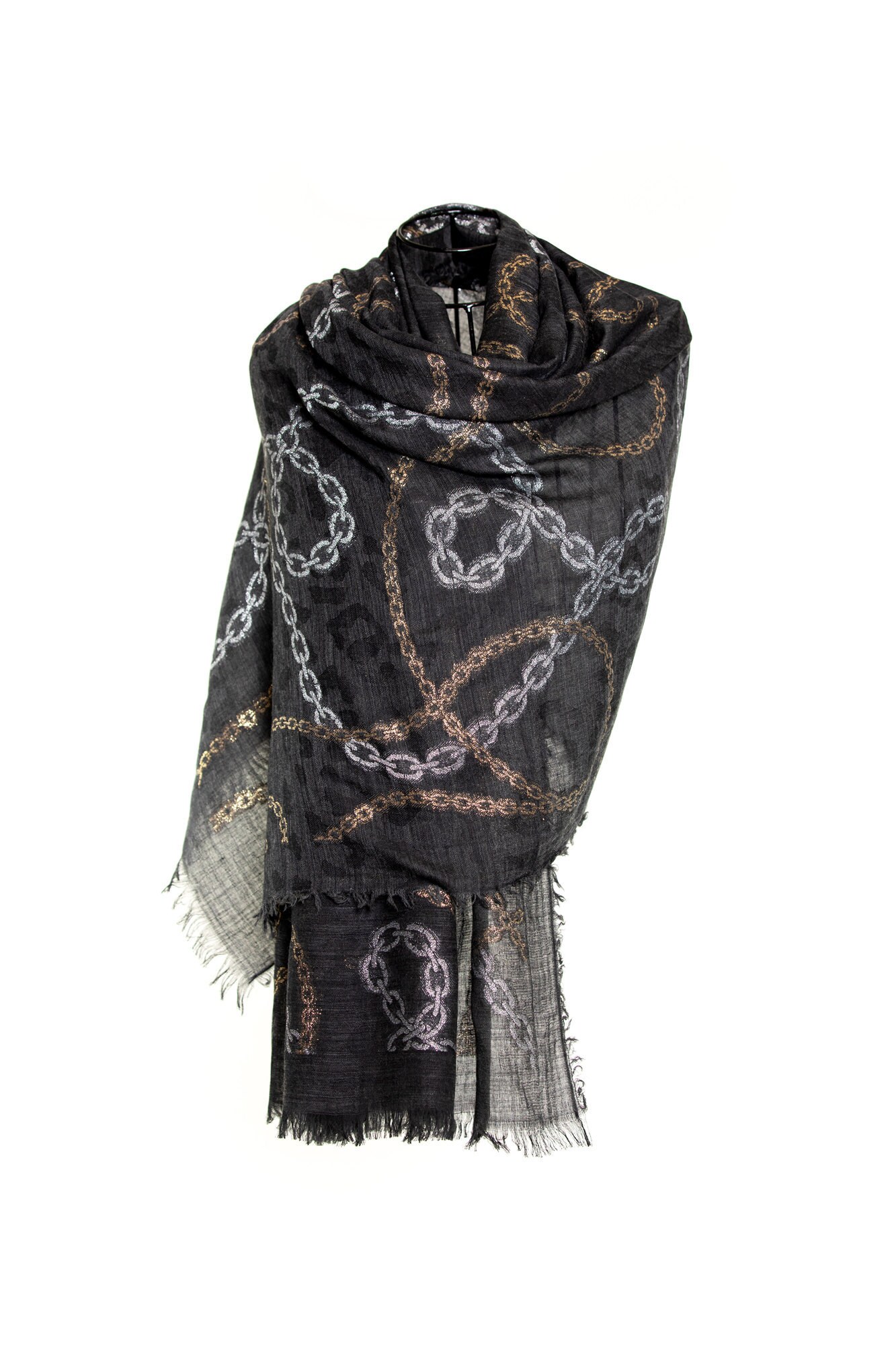 Elegant black scarf lambs wool shawl with delicate golden chain embroidery, soft to the touch and perfect for spring events or as a thoughtful gift