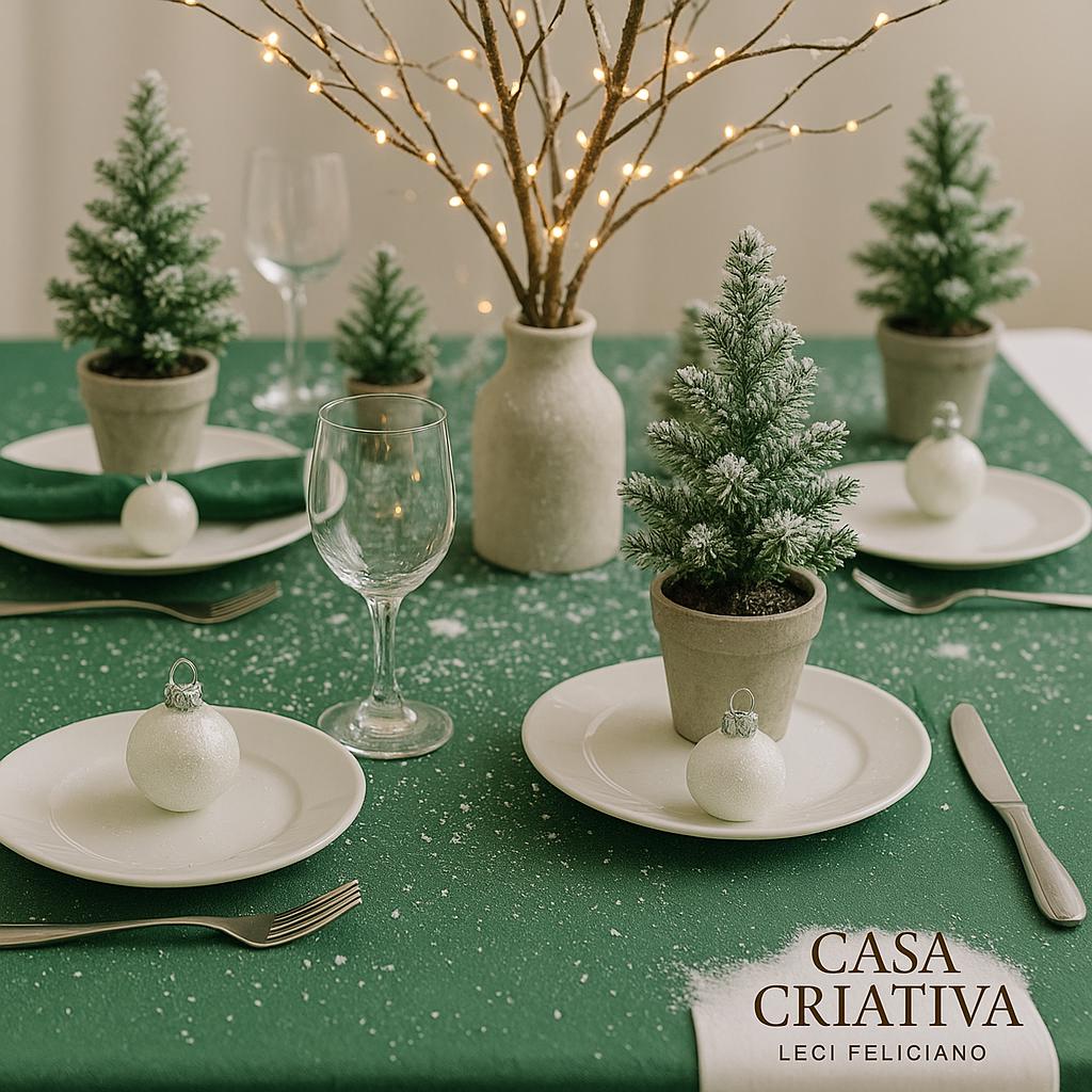 Floresta Encantada • Verde + branco + toques de neve fake. • Galhos secos em vasos no centro, decorados com luzinhas de fada. • Bolinhas de Natal pequenas usadas como marcadores de lugar. • Mini pinheirinhos em vasos como lembrancinha. Casa Criativa - Leci Feliciano