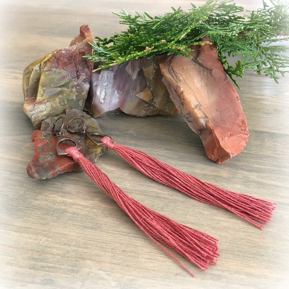 Dusty Rose Tassel earrings with organic linen