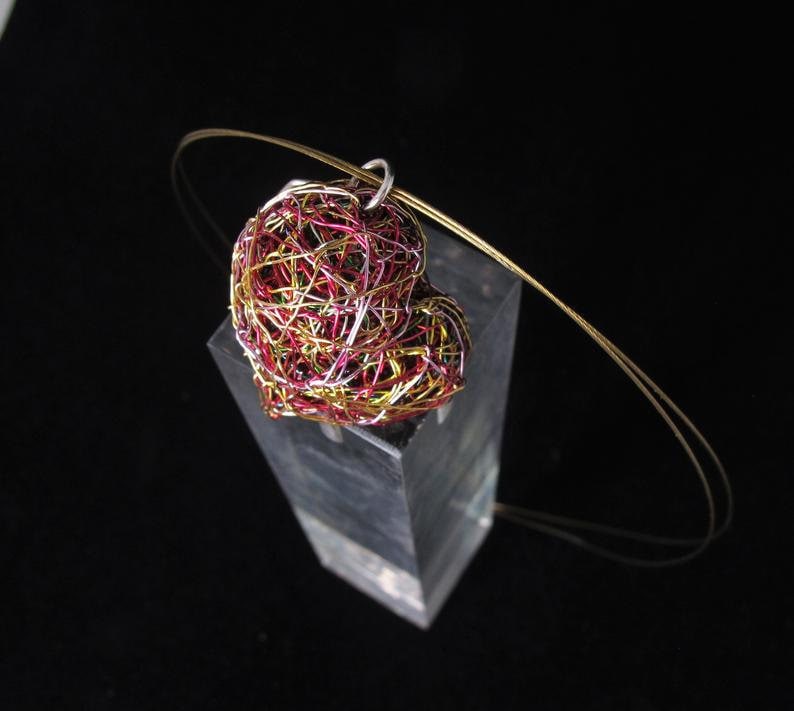 Pink gold heart necklace, wire sculpture art jewelry