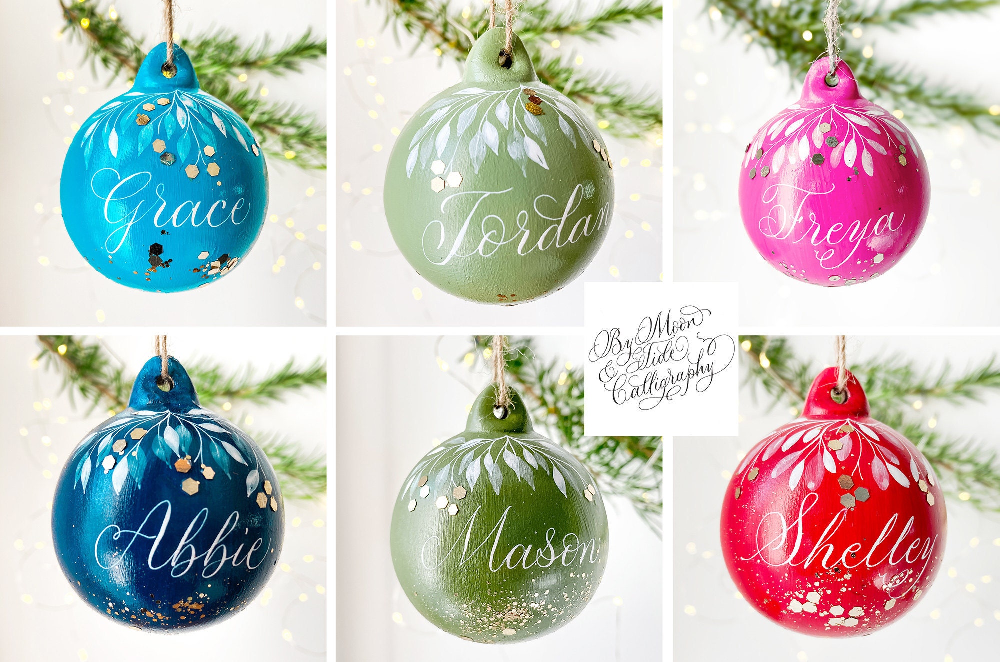 baubles with calligraphy personalised names by Claire Gould