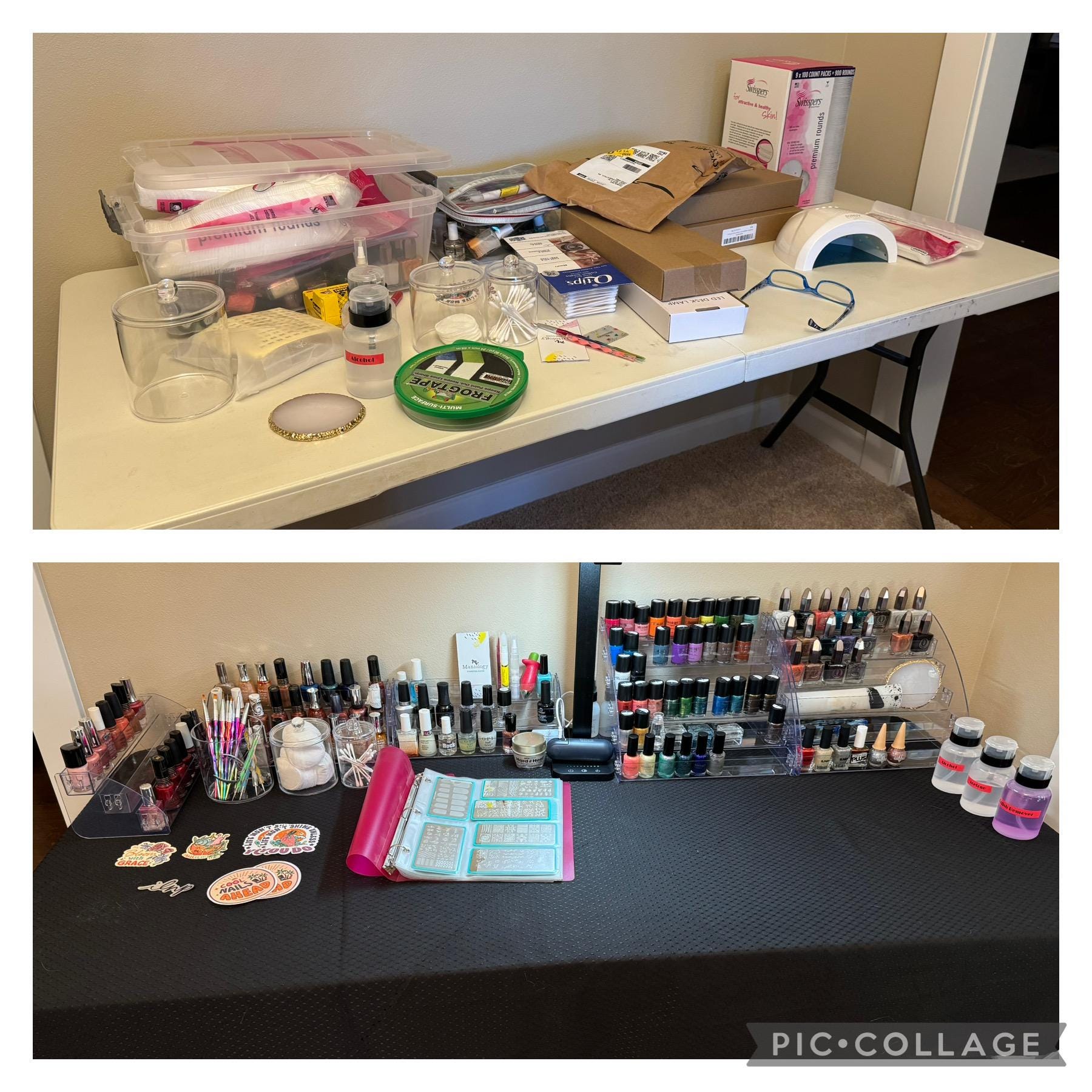 Top: folding desk with boxes and random nail things on it. Bottom: A black tablecloth over the desk with racks of nail polish and supplies.