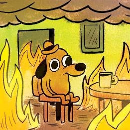 cartoon dog drinking coffee while fire burns around him