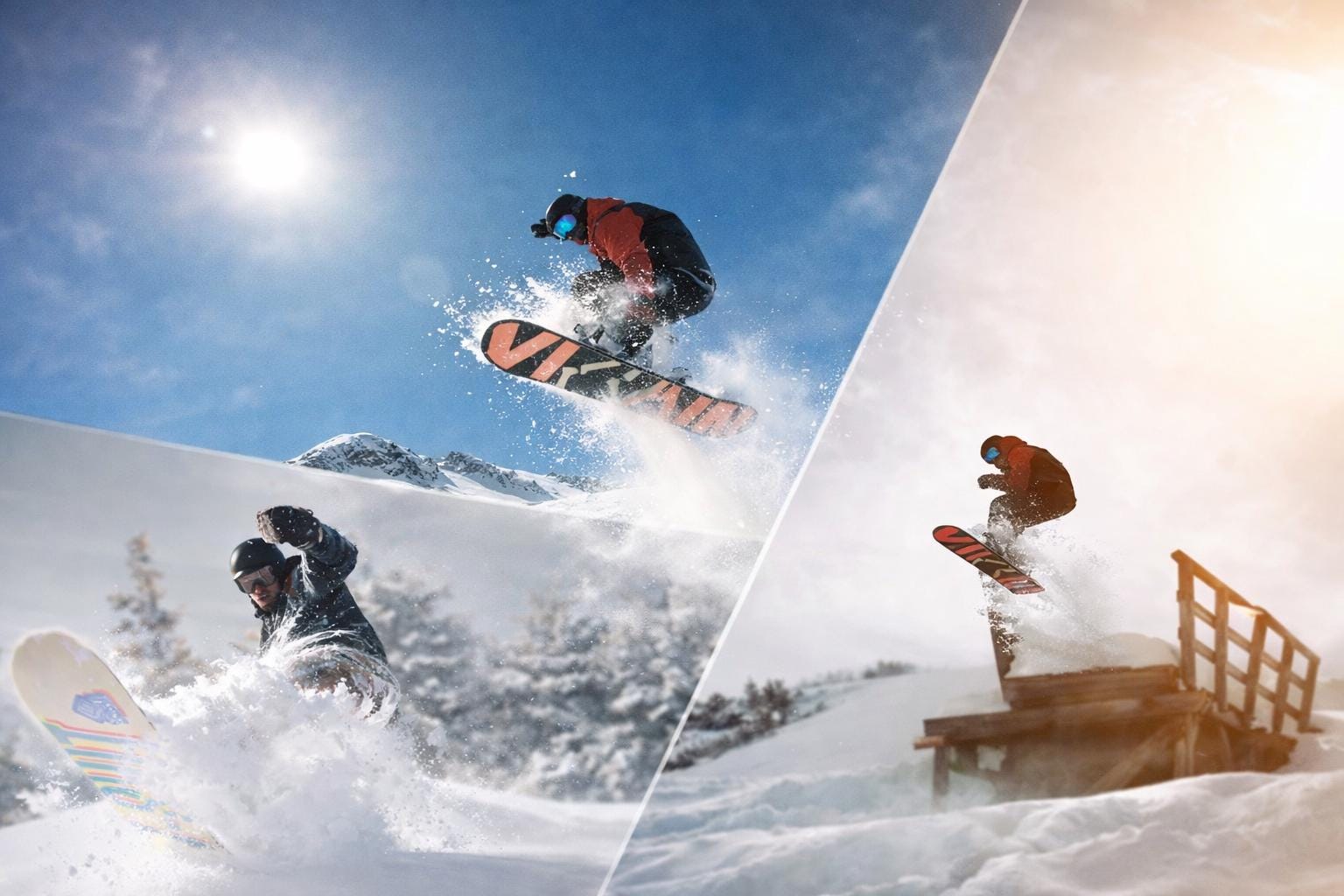 Snowboarders doing some jumps on the mountain