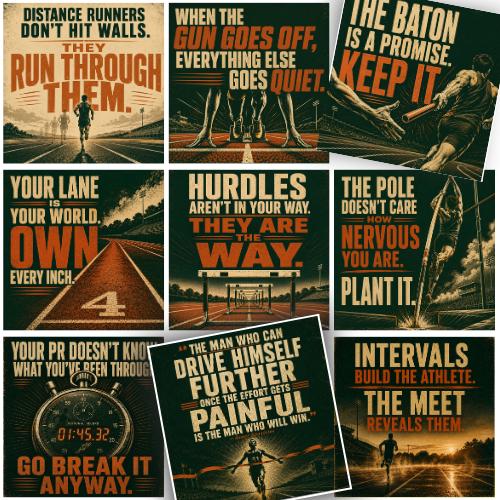 Vintage collage of nine track-and-field encouragement cards featuring runners, starting blocks, hurdles, a relay baton, pole vault and stopwatch, with motivational athletic sayings.