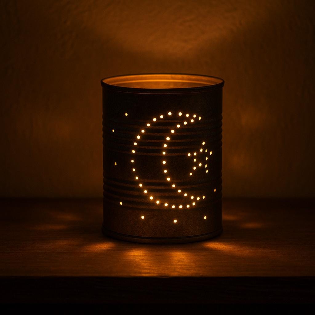 Luminária rústica – faça desenhos com furinhos na lata e coloque uma luz LED dentro.