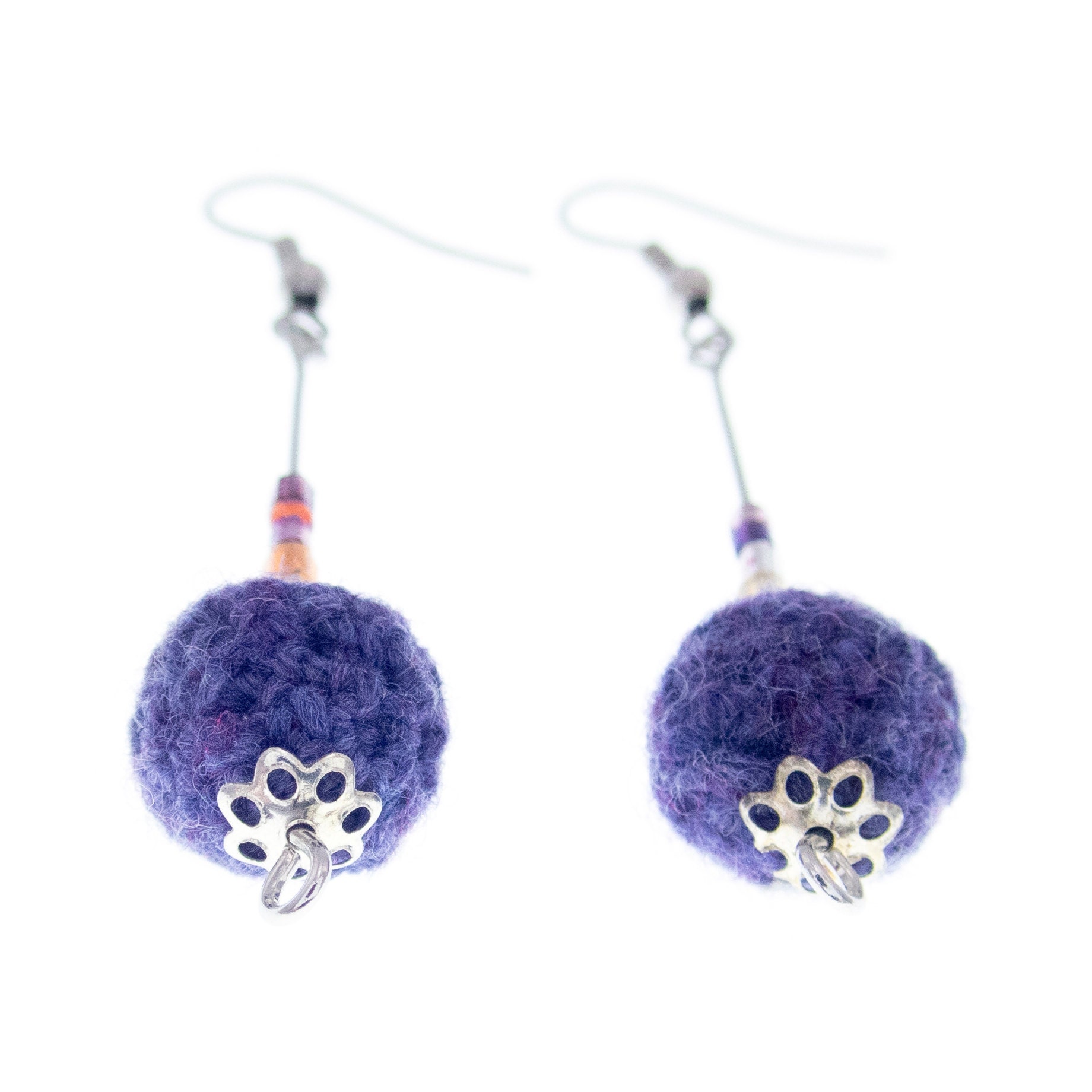 handmade statement earrings dangle with knitted purple balls