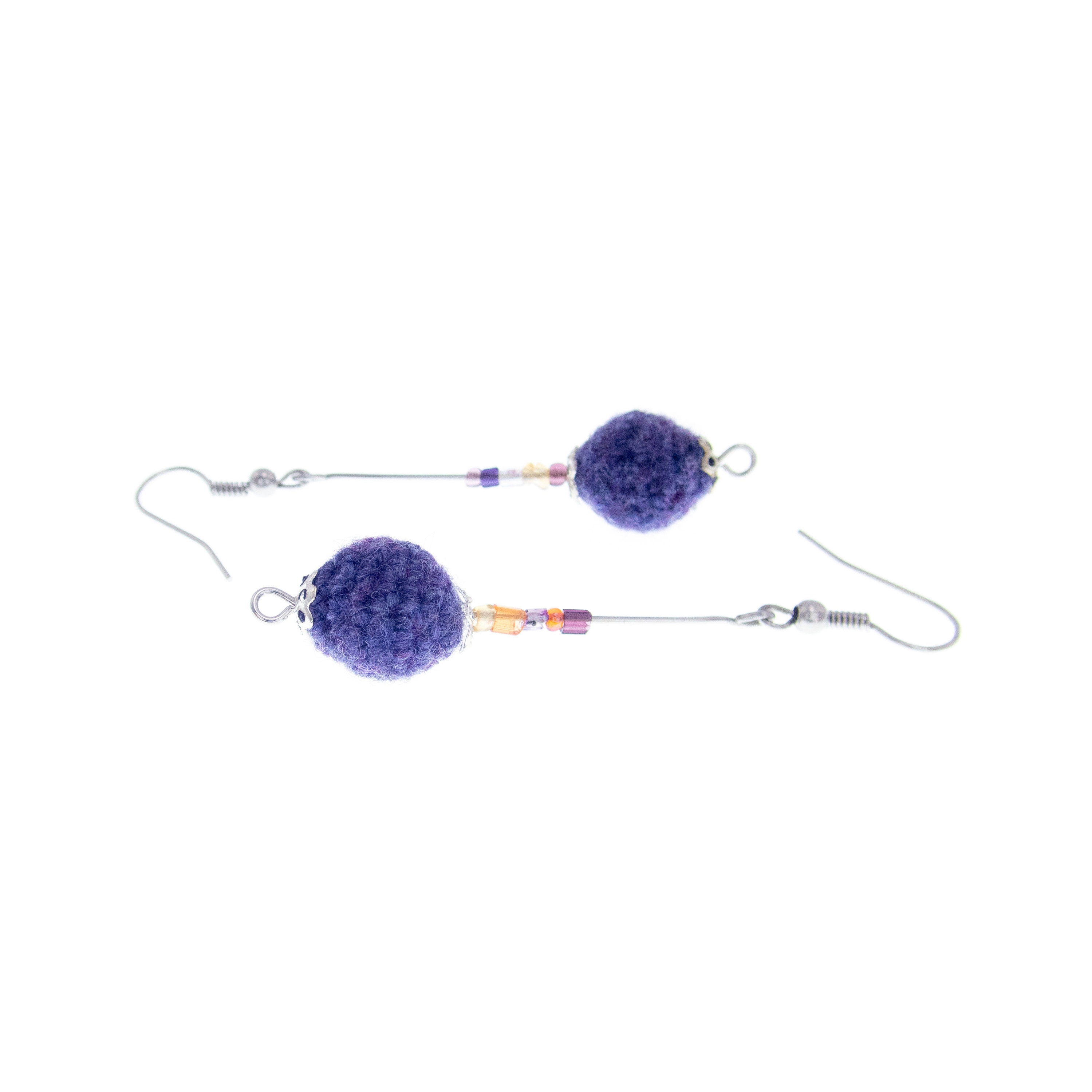 handmade statement earrings dangle with knitted purple balls