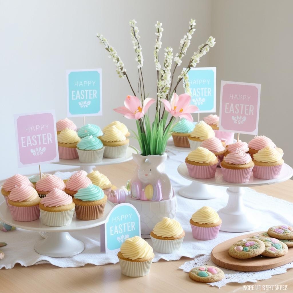 Easter dessert table with store-bought cupcakes and cookies, decorated with pastel printable signs and faux florals.