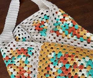The Clementine Tote in yellow, aqua, cream and orange
