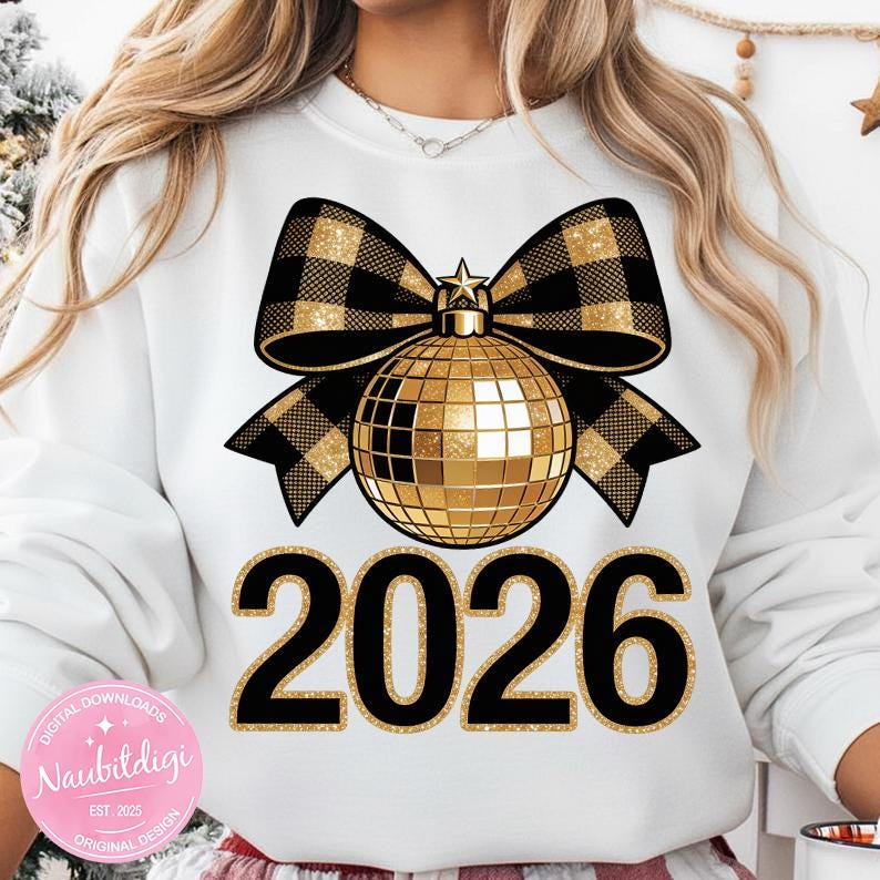 2026 New Year Sweatshirt for Women – Elegant Gold Bow & Disco Ball Design