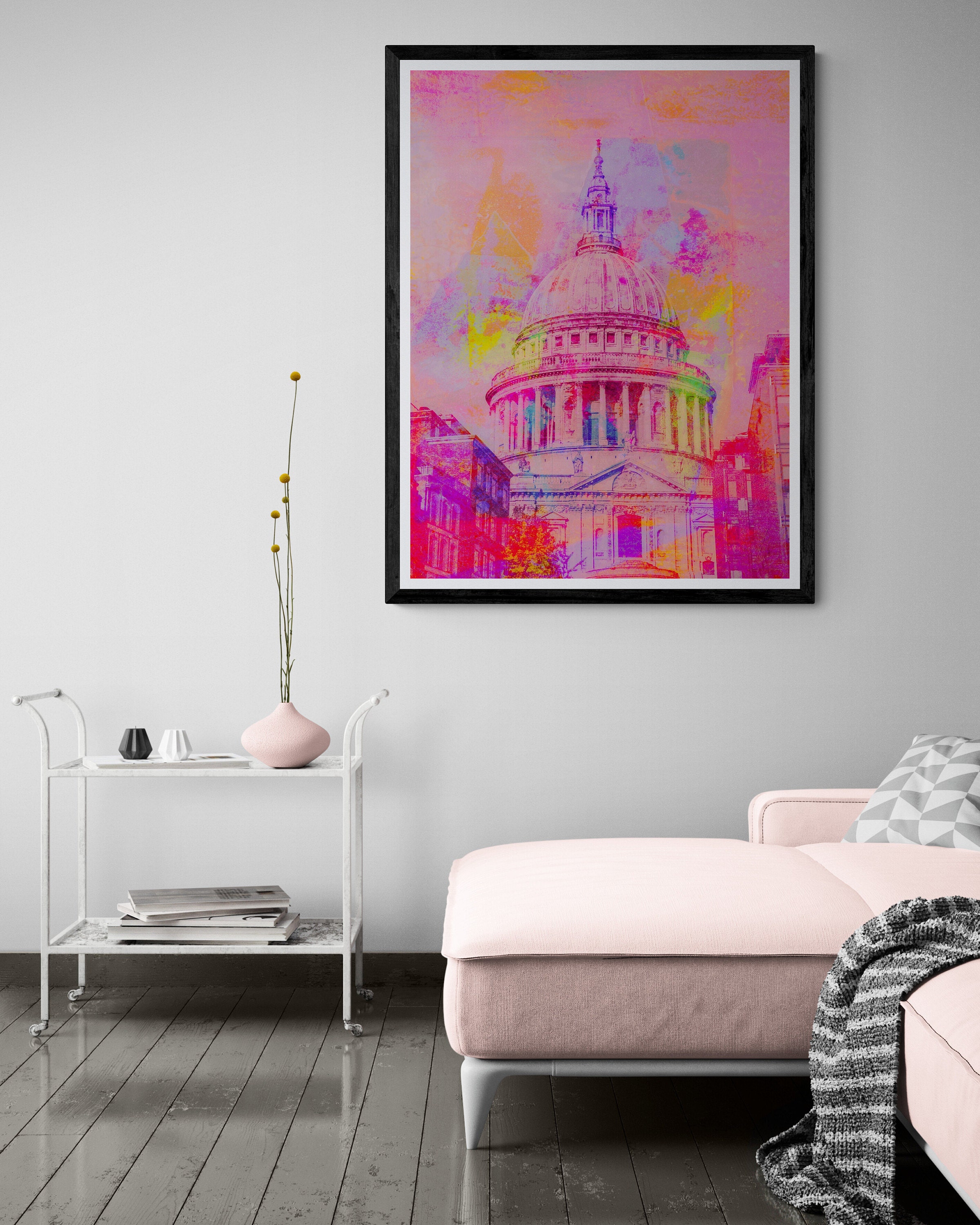 london fine art prints artworks by deborah pendell for sale at the new artist fair 2022 at the truman brewery brick lane london- st pauls cathedral print in pink with graffiti