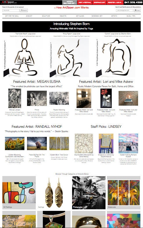 Photo of ArtZipper home page featuring the work of Stephen A. Born of BodyShapes Sculptural Creations.