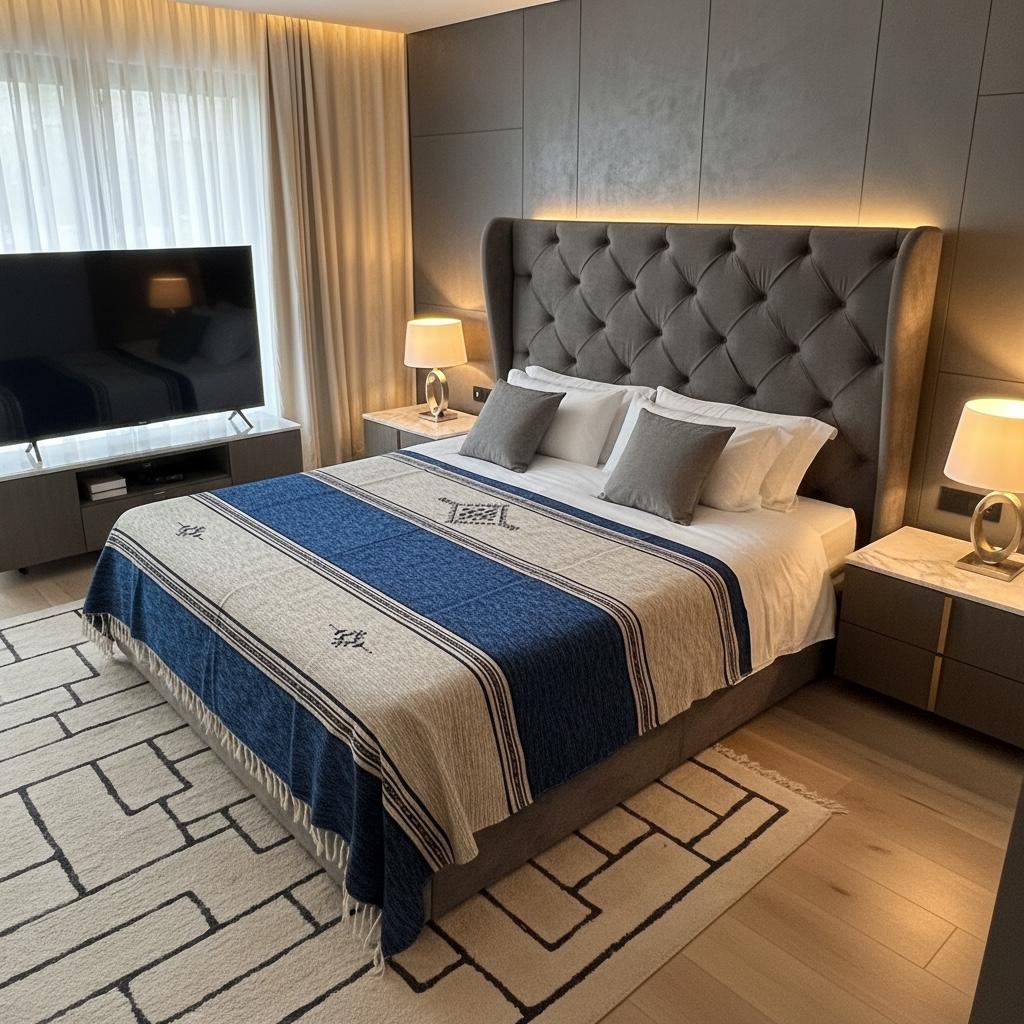 Figure 17. Bedroom styling — as a bedspread, wrapped around a neutral bed. Calm, warm, and quietly expensive without saying anything.