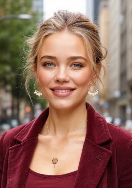 Woman in jewel toned suit wearing rose gold pearl statement hoop earrings