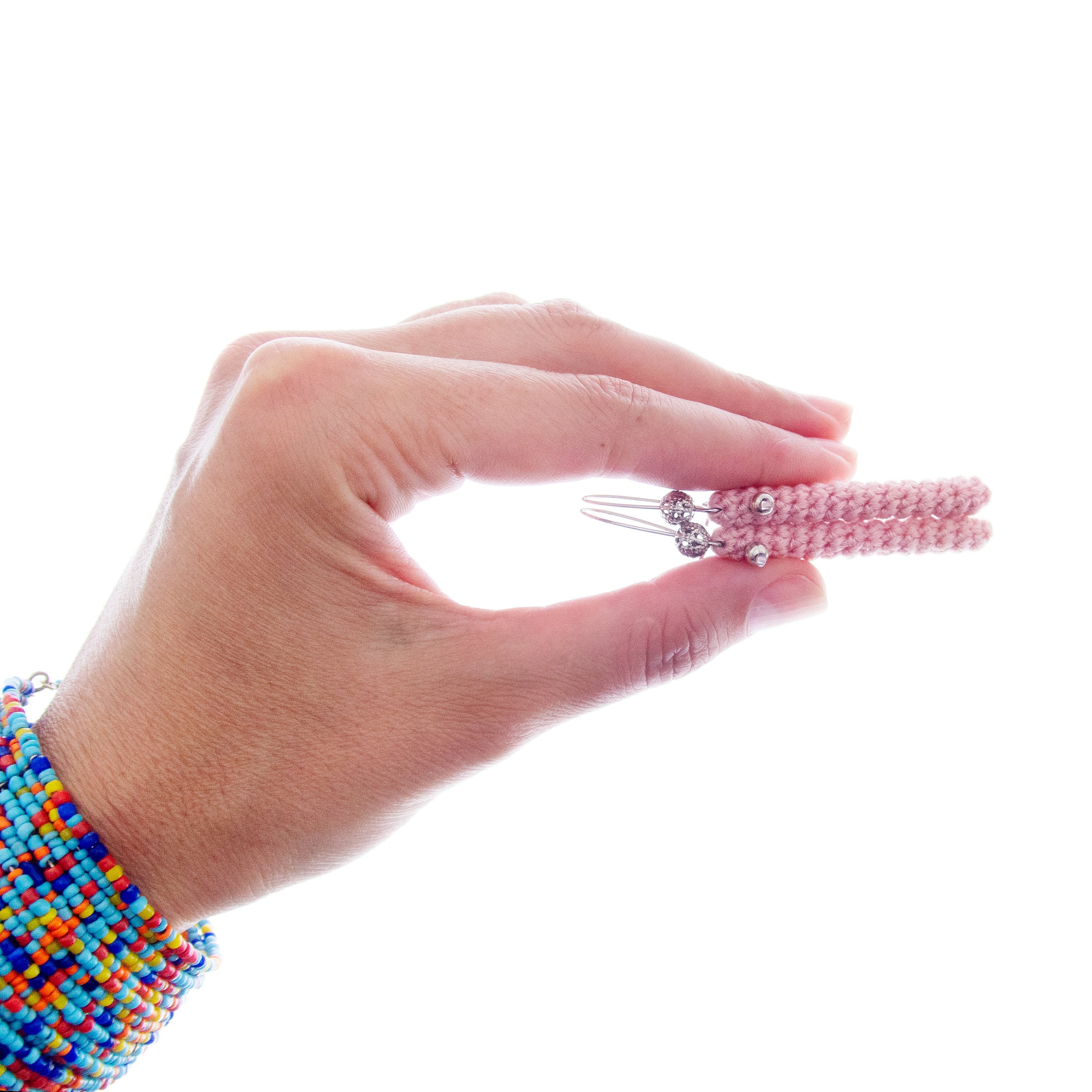 handmade pink crochet bar earrings dangle