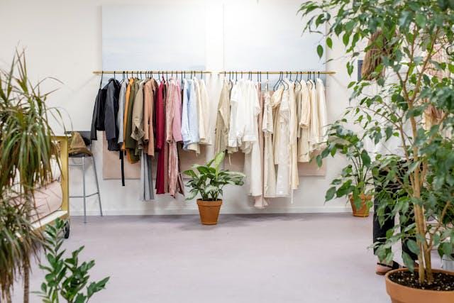 Wardrobe hanging against a wall in a light room with plants arround creating a pleasing interior look of the space.