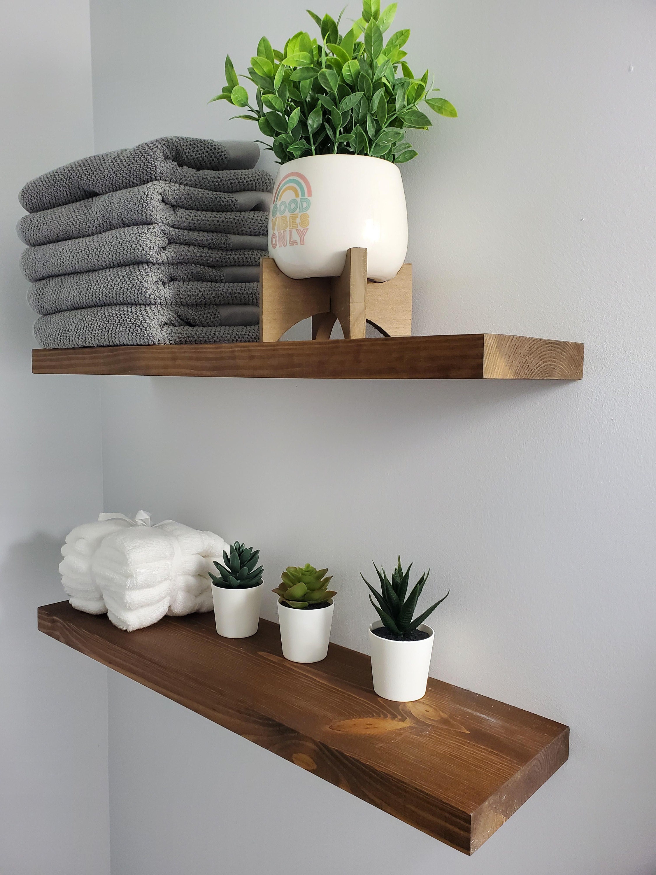 floating shelves with hidden brackets, rustic style solid wood