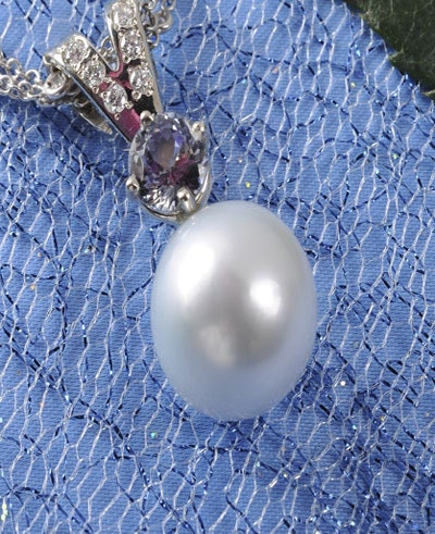 South Sea Pearl, Pearl, Sapphire, Diamond Pendant,