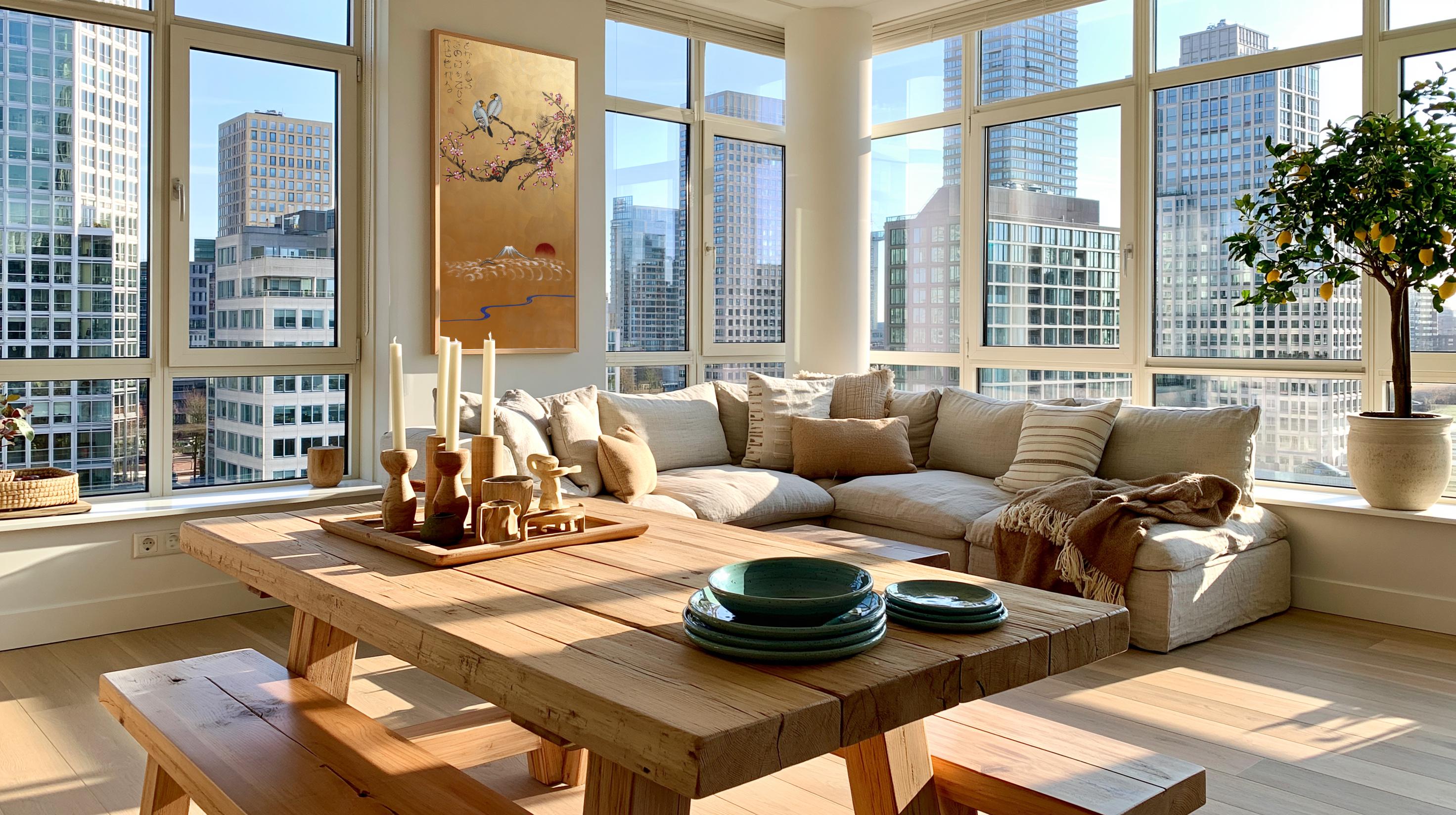 Vertical gold japandi painting in city flat